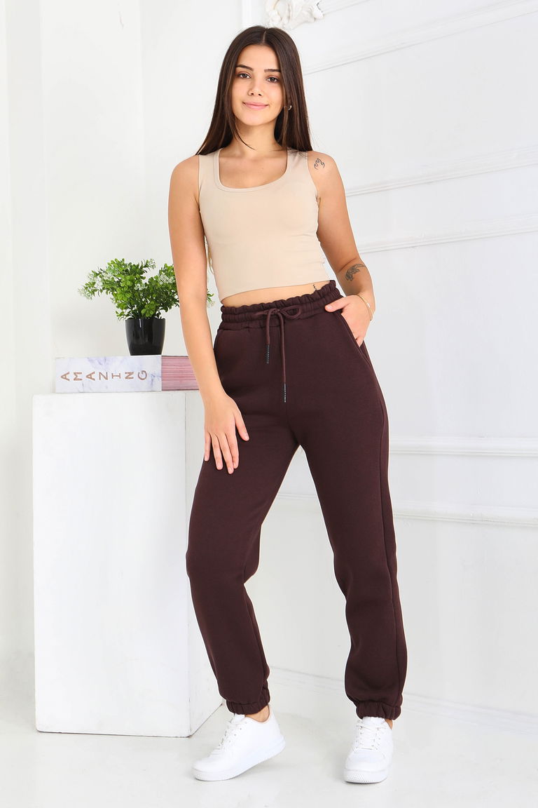 Şardonlu Üç İplik Lastikli Eşofman Altı - 27834-KAHVE - TOFİSA