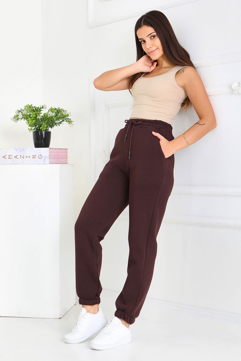 Şardonlu Üç İplik Lastikli Eşofman Altı - 27834-KAHVE - TOFİSA