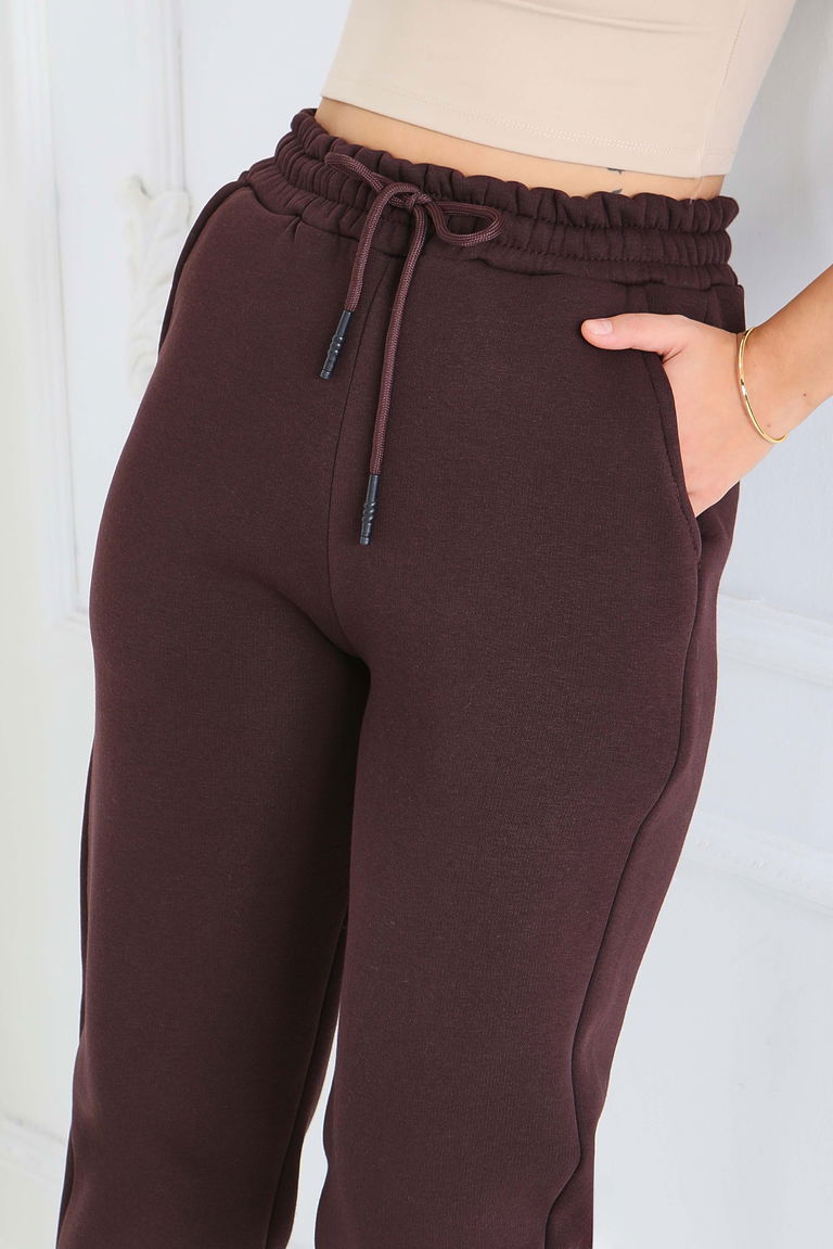 Şardonlu Üç İplik Lastikli Eşofman Altı - 27834-KAHVE - TOFİSA