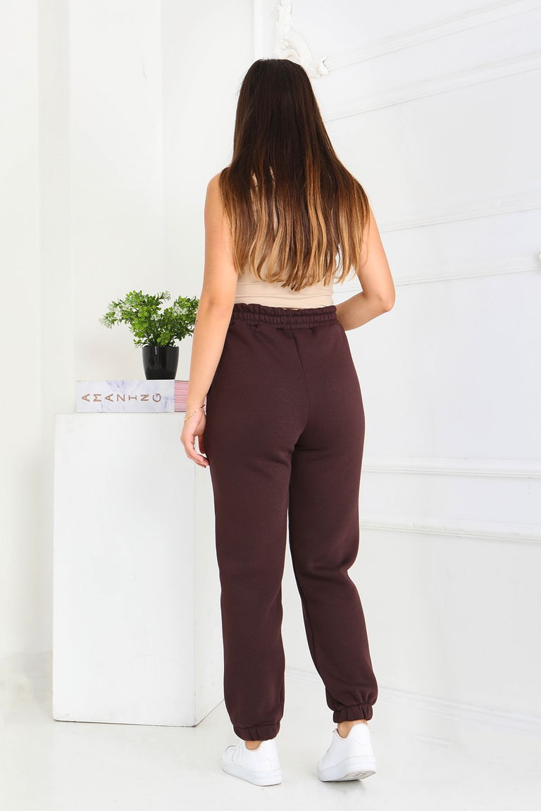 Şardonlu Üç İplik Lastikli Eşofman Altı - 27834-KAHVE - TOFİSA