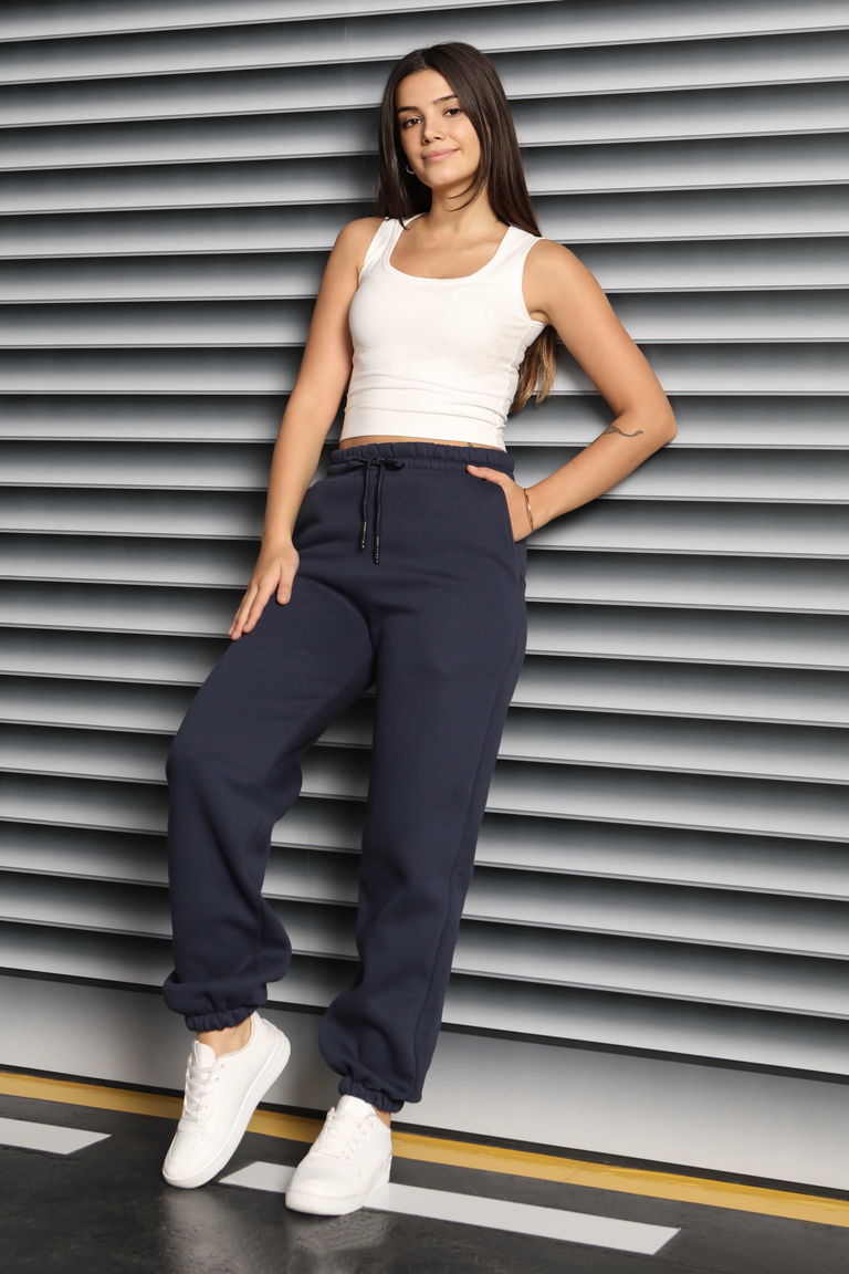 Şardonlu Üç İplik Lastikli Eşofman Altı - 27834-LACIVERT - TOFİSA