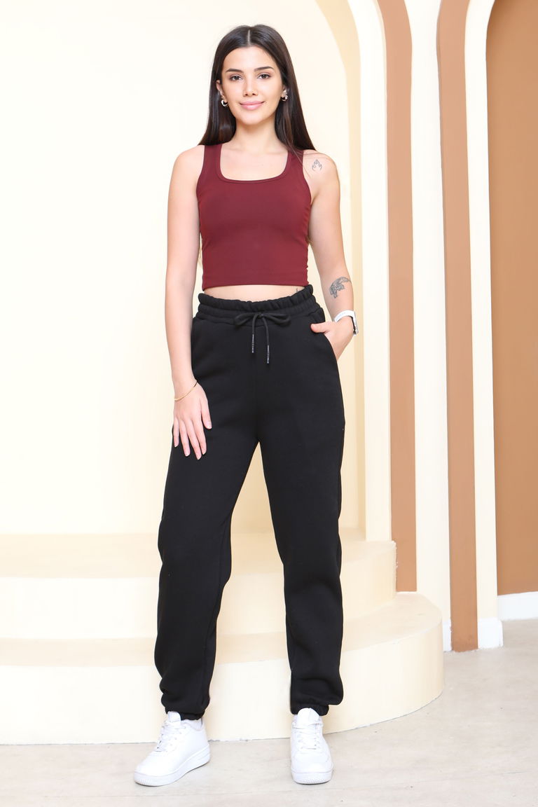 Şardonlu Üç İplik Lastikli Eşofman Altı - 27834-SIYAH - TOFİSA