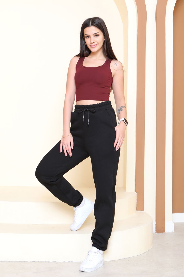 Şardonlu Üç İplik Lastikli Eşofman Altı - 27834-SIYAH - TOFİSA