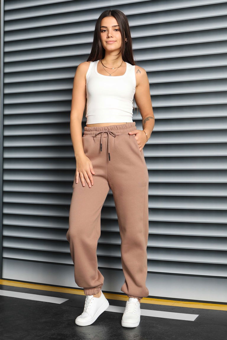 Şardonlu Üç İplik Lastikli Eşofman Altı - 27834-VIZON - TOFİSA