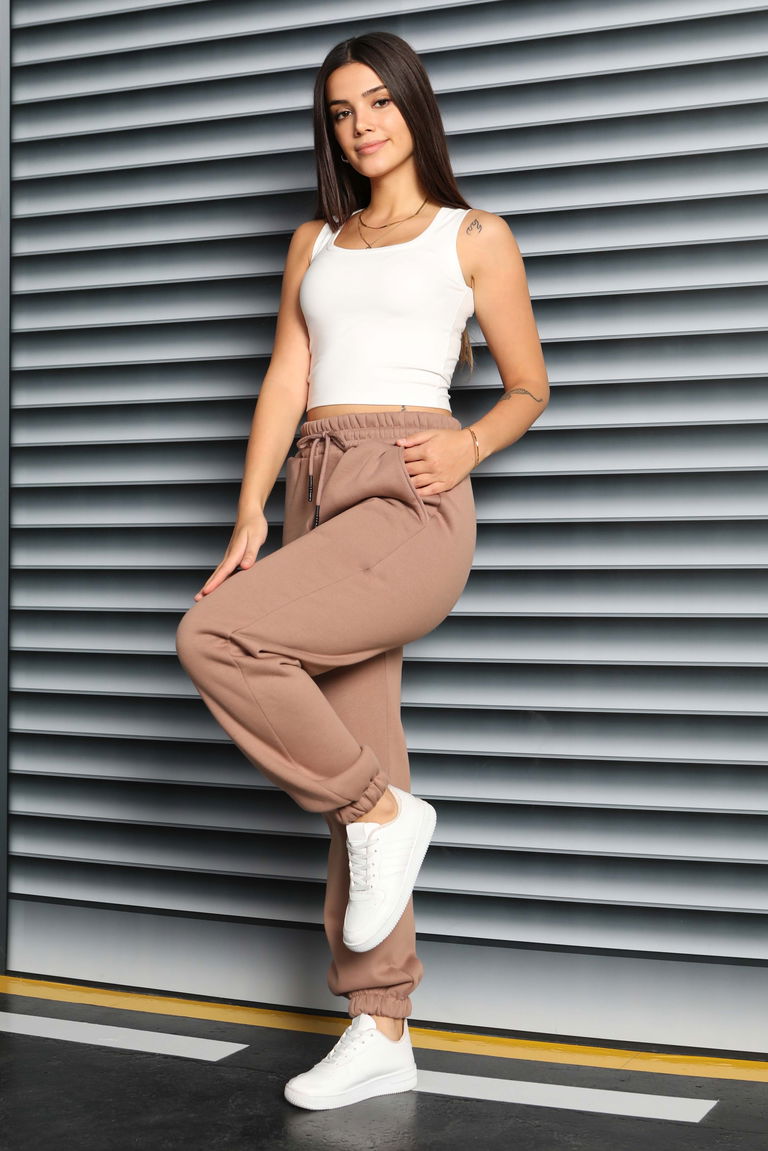 Şardonlu Üç İplik Lastikli Eşofman Altı - 27834-VIZON - TOFİSA