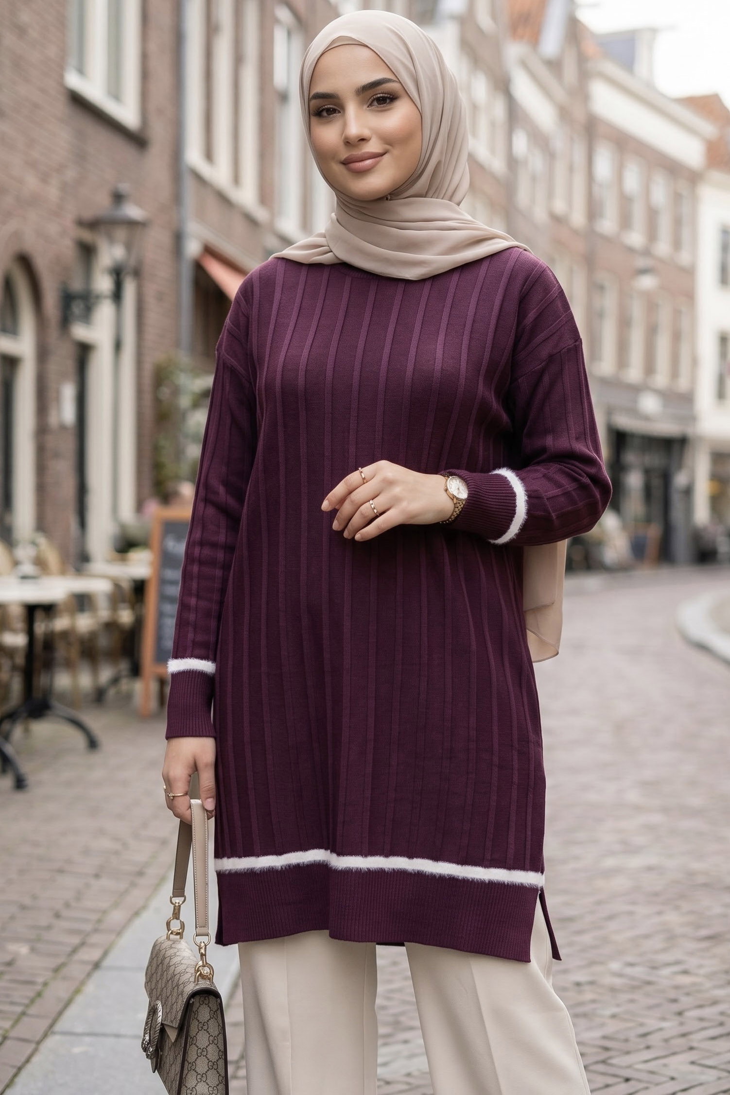 Şerit Detaylı Fitilli Triko Tunik Mürdüm - 29236-MURDUM - 1