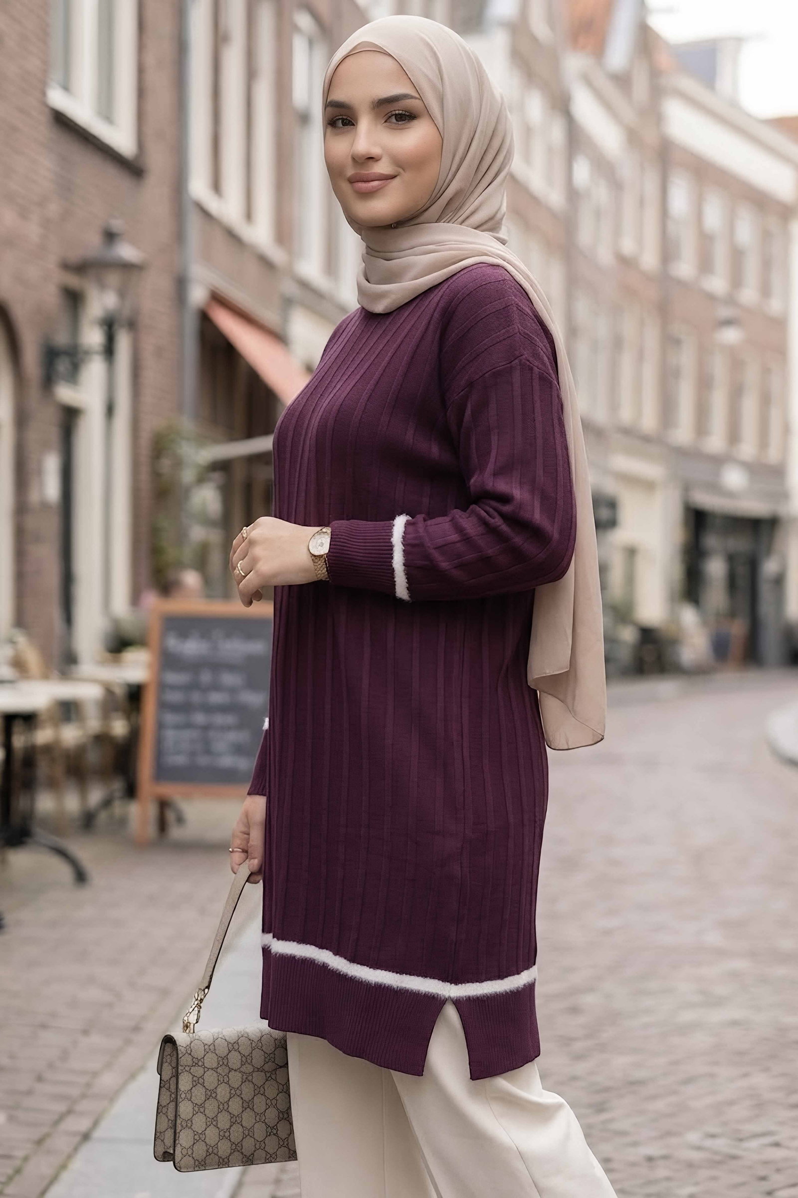 Şerit Detaylı Fitilli Triko Tunik Mürdüm - 29236-MURDUM - 2
