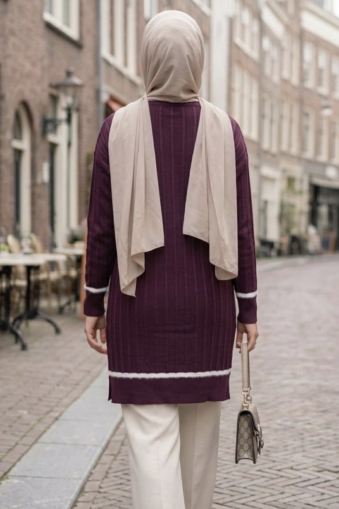 Şerit Detaylı Fitilli Triko Tunik Mürdüm - 29236-MURDUM - 3