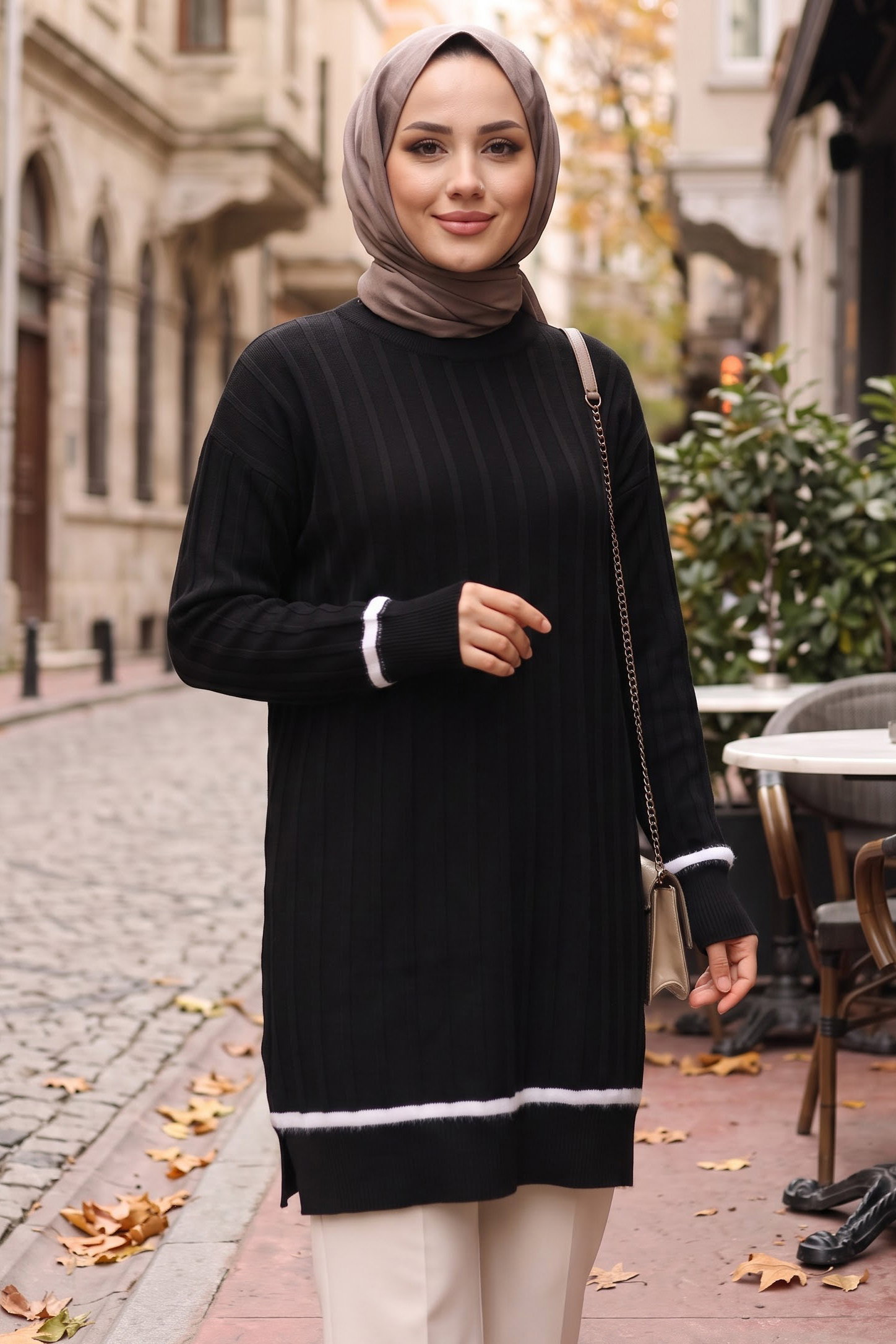 Şerit Detaylı Fitilli Triko Tunik Siyah - 29236-SIYAH - 1