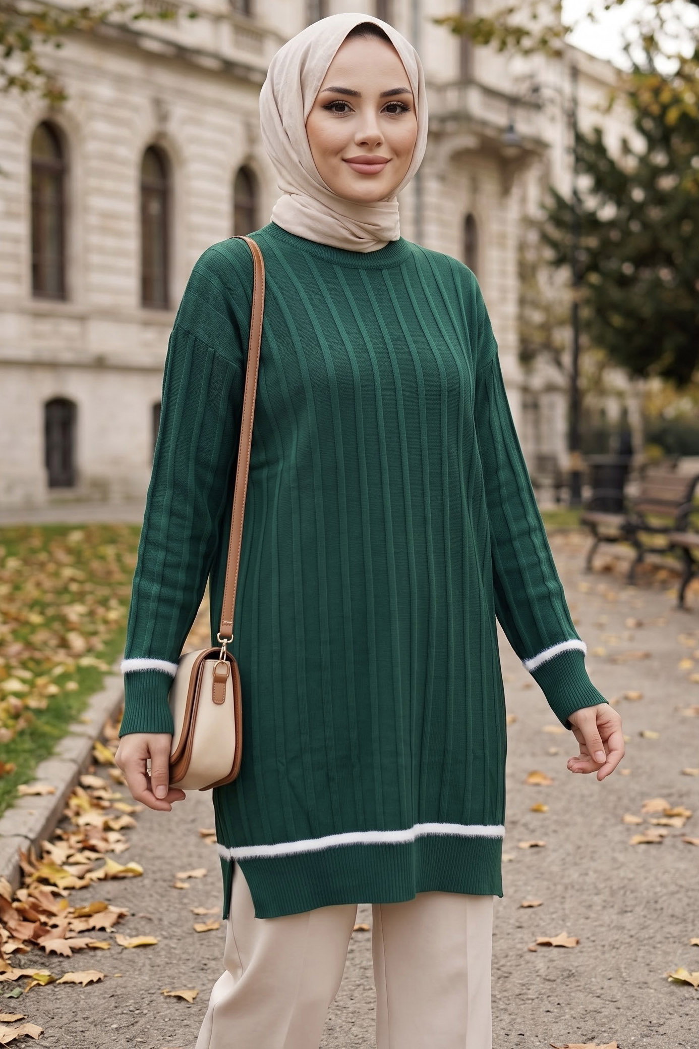 Şerit Detaylı Fitilli Triko Tunik Zumrut - 29236-ZUMRUT - 1
