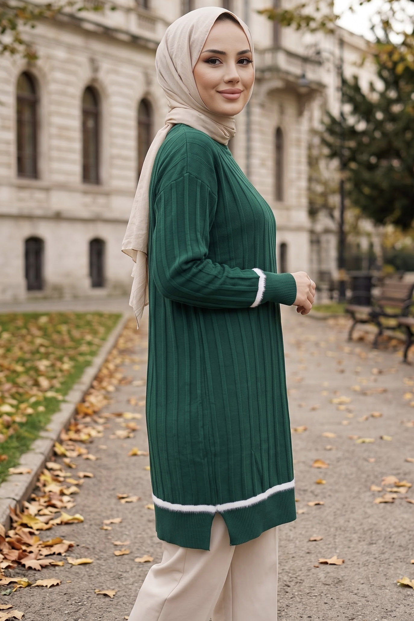 Şerit Detaylı Fitilli Triko Tunik Zumrut - 29236-ZUMRUT - 2