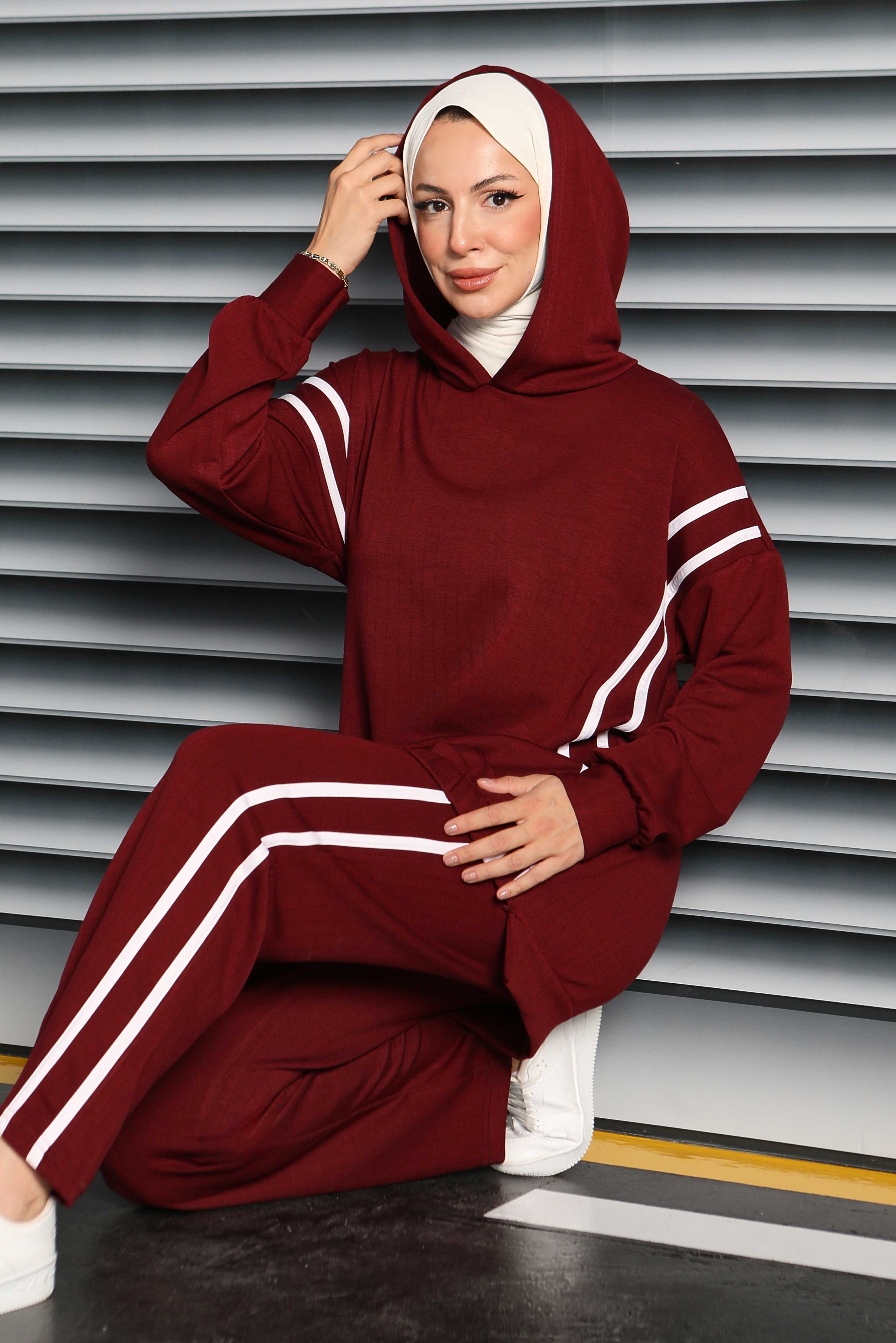 Şerit Detaylı Modal İkili Takım - 27710-BORDO - 1