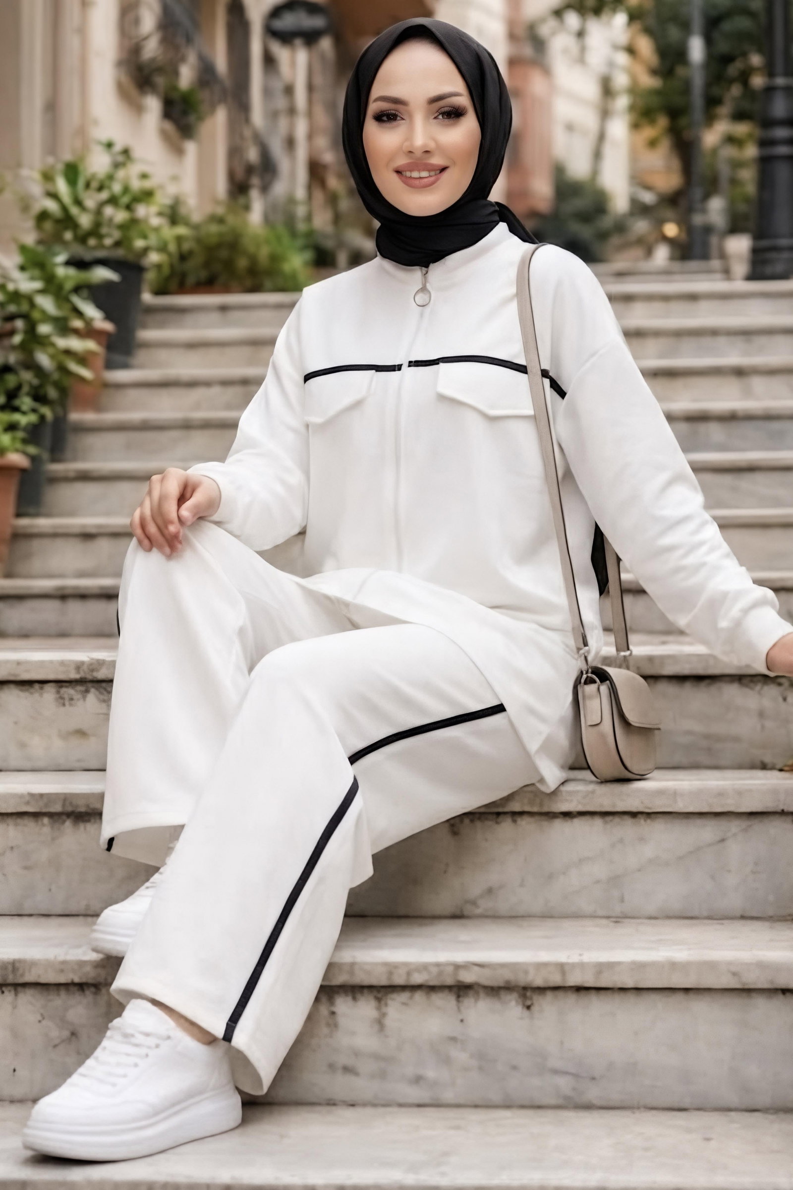 Şerit Detaylı Oysh Modal Takım Beyaz - 29157-BEYAZ - 1