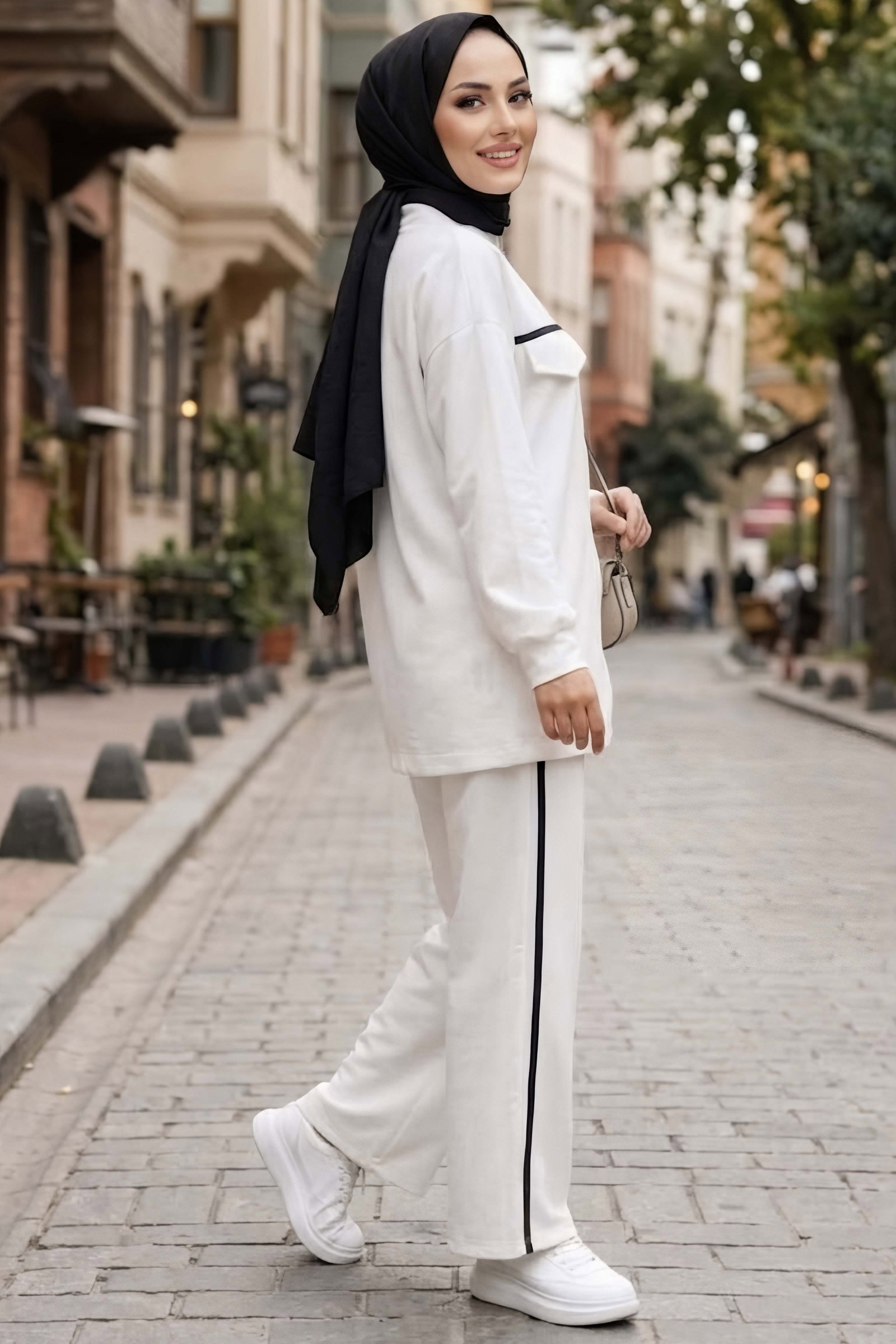 Şerit Detaylı Oysh Modal Takım Beyaz - 29157-BEYAZ - 3