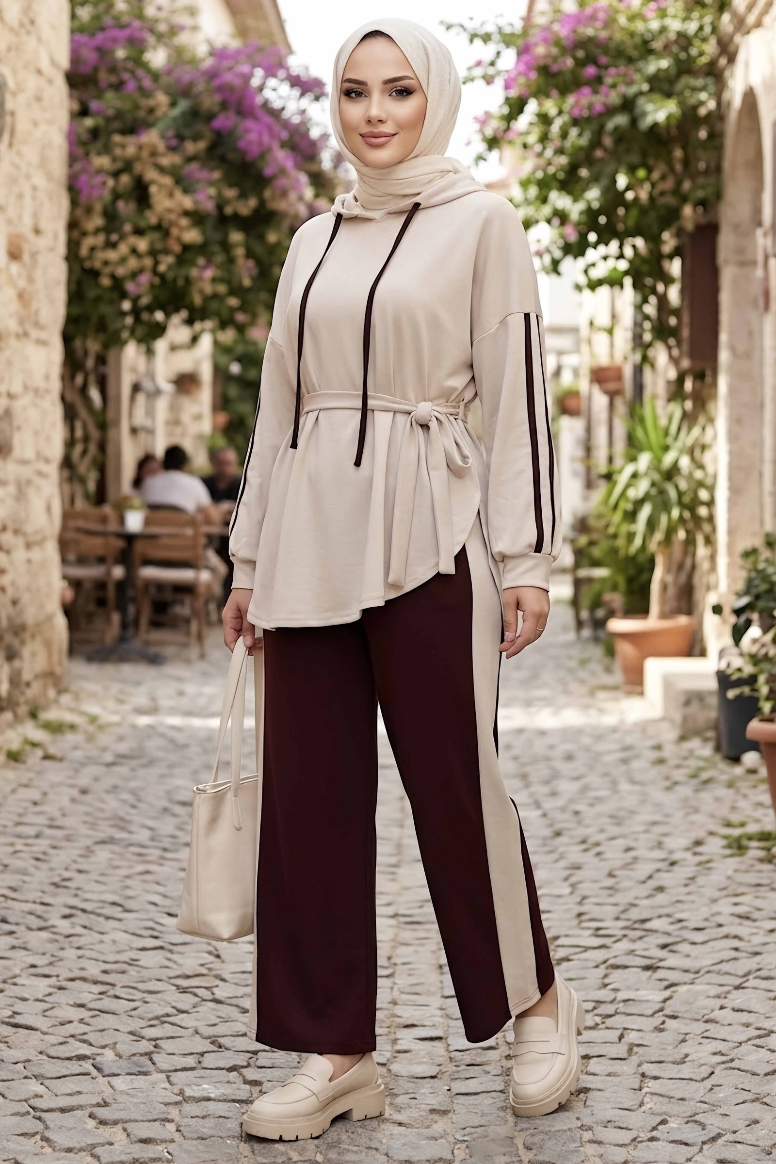 Şerit Detaylı Oysh Modal Takım Kahve - CK1355-KAHVE - 1