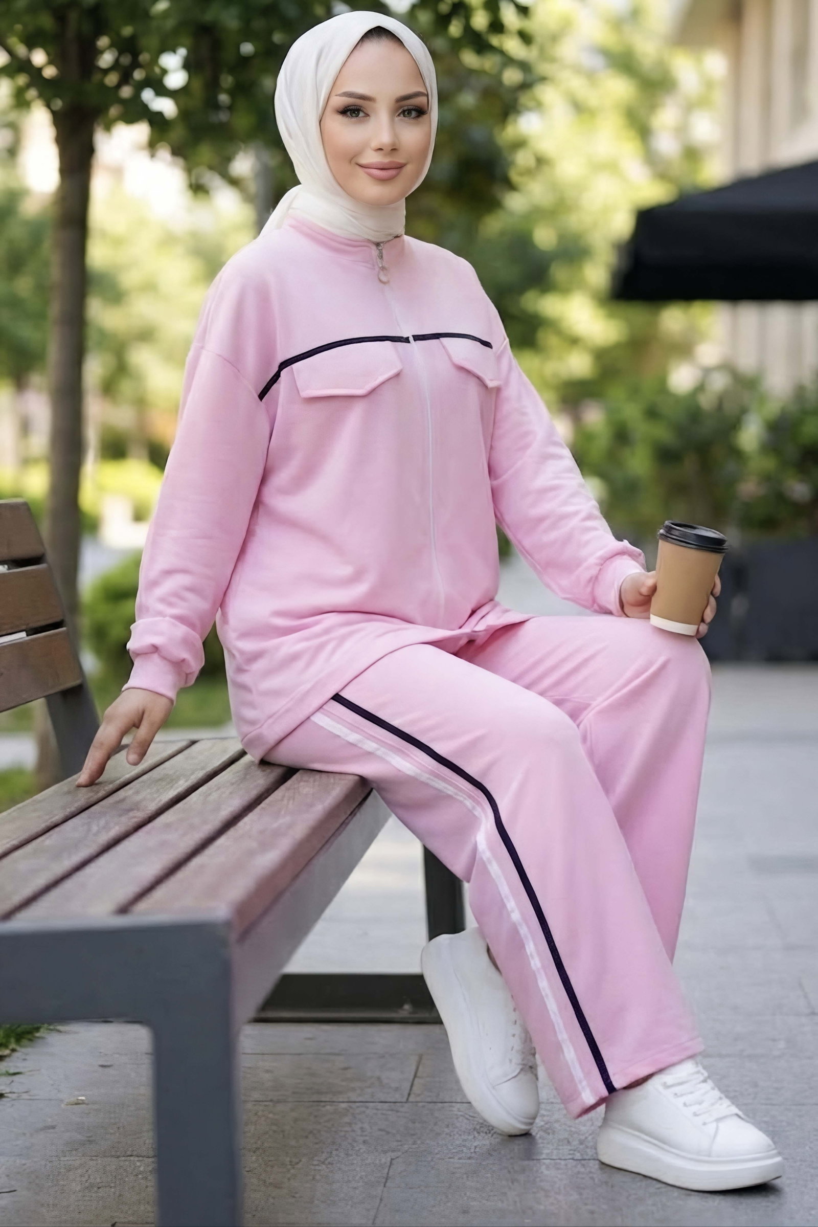 Şerit Detaylı Oysh Modal Takım Pembe - 29157-PEMBE - 1