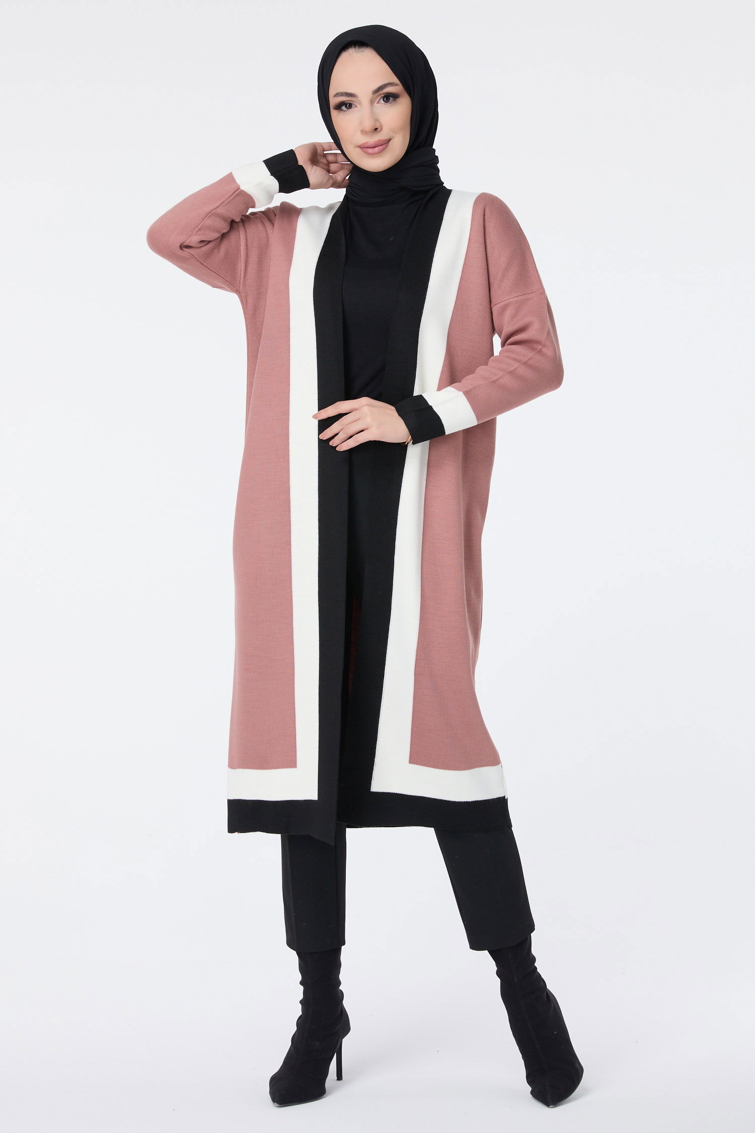 Şerit Detaylı Triko Uzun Hırka - 27625 - 1