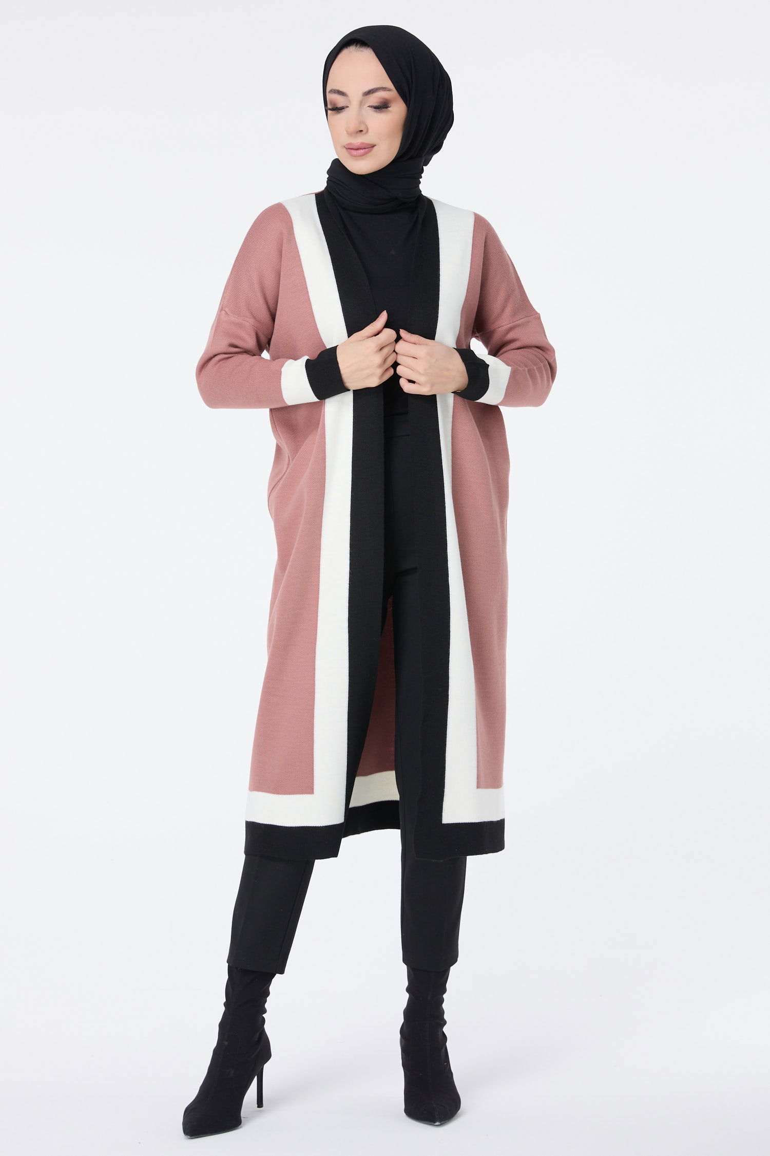 Şerit Detaylı Triko Uzun Hırka - 27625 - 3