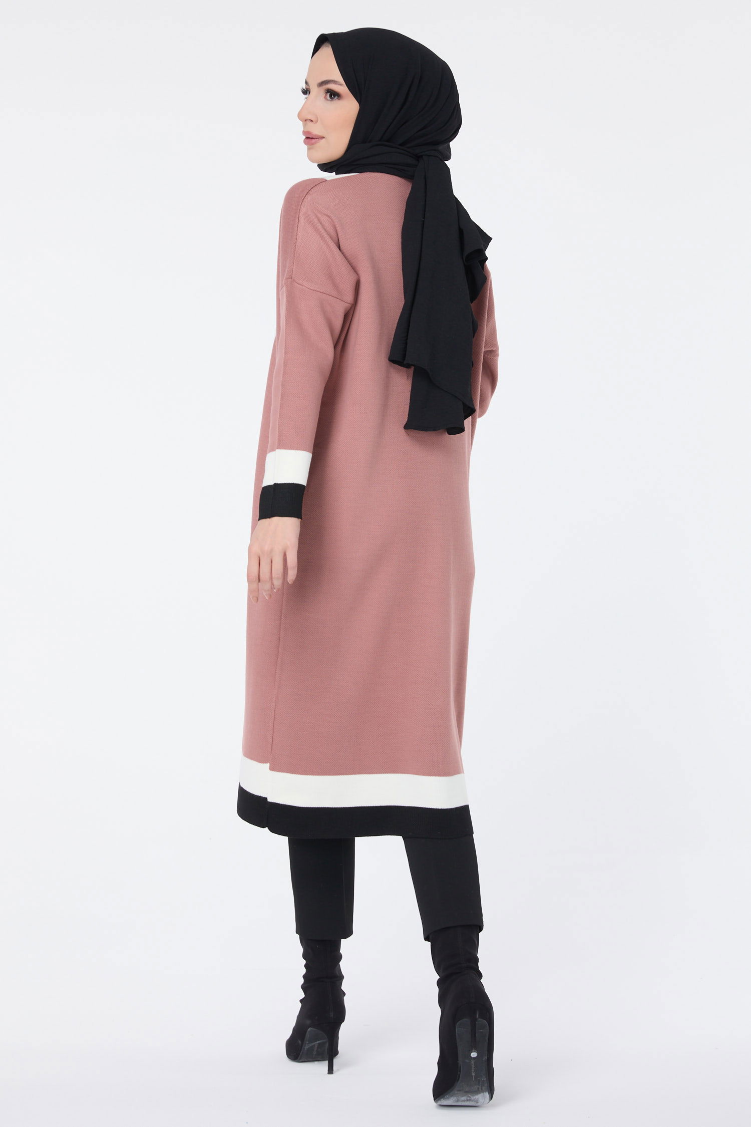 Şerit Detaylı Triko Uzun Hırka - 27625 - 4