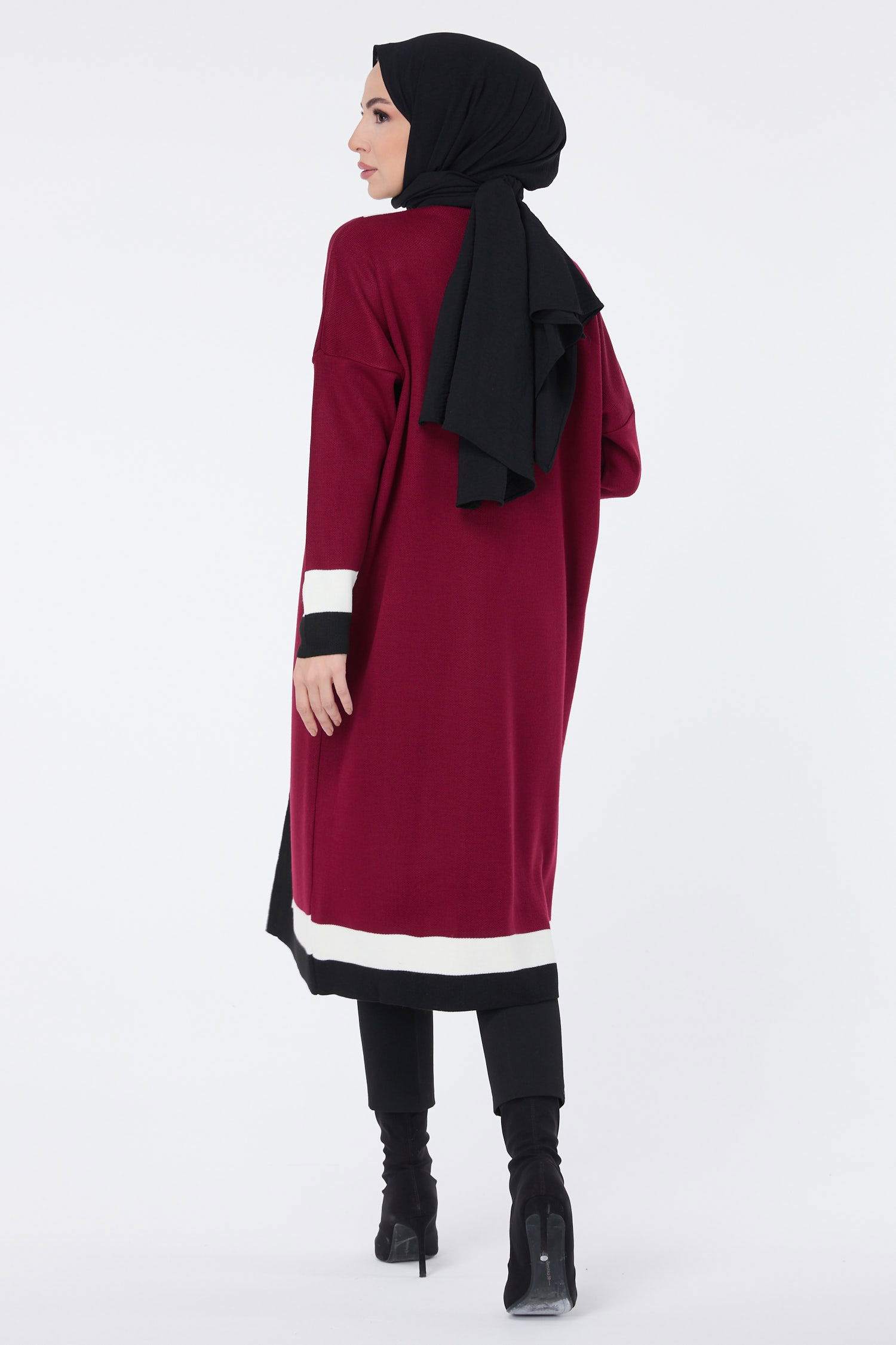 Şerit Detaylı Triko Uzun Hırka - 27625 - 4