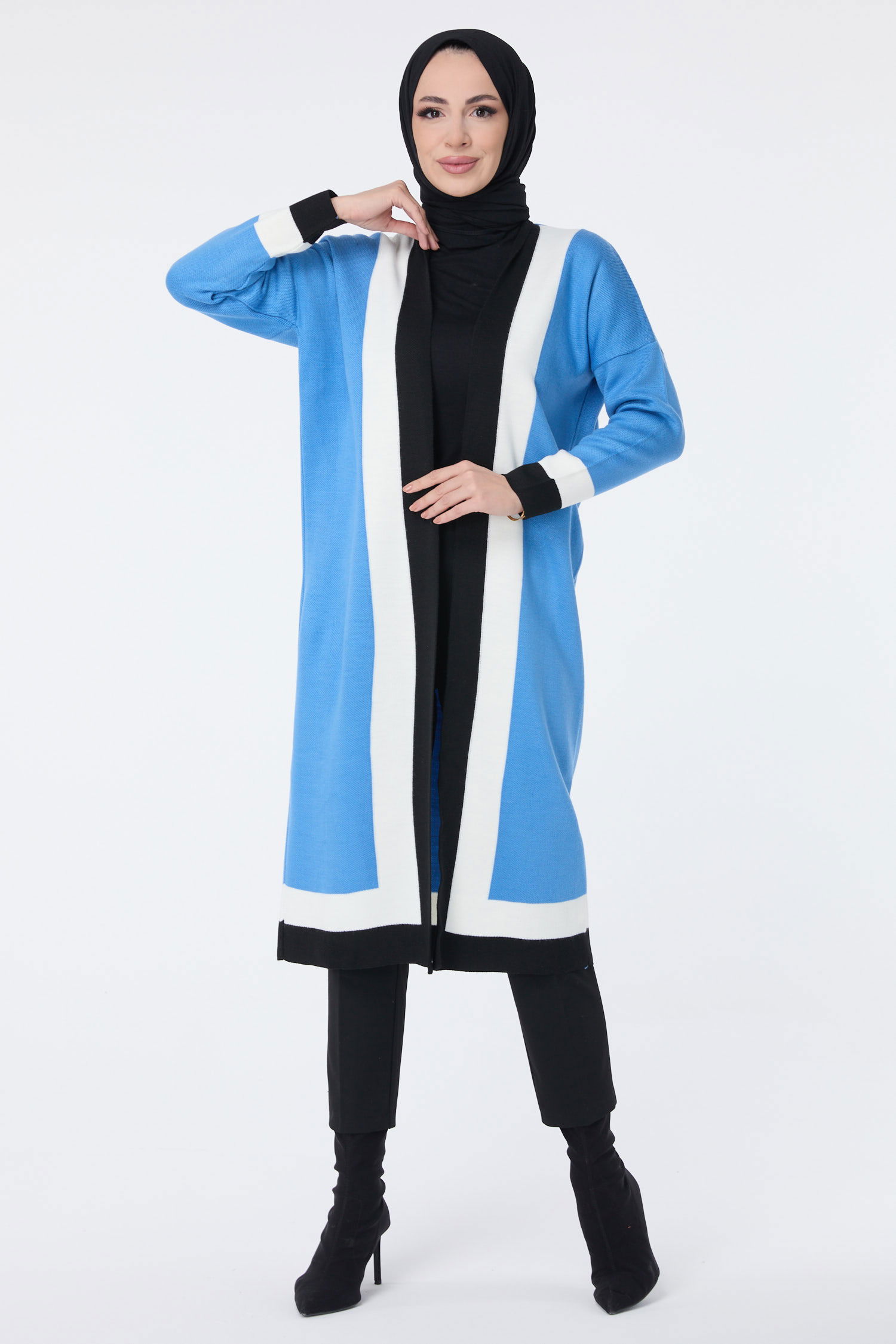 Şerit Detaylı Triko Uzun Hırka - 27625 - 2