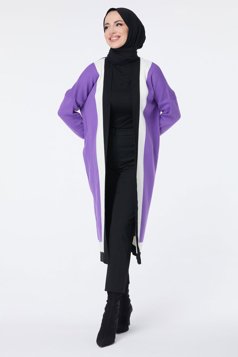 Şerit Detaylı Triko Uzun Hırka - 27625 - TOFİSA