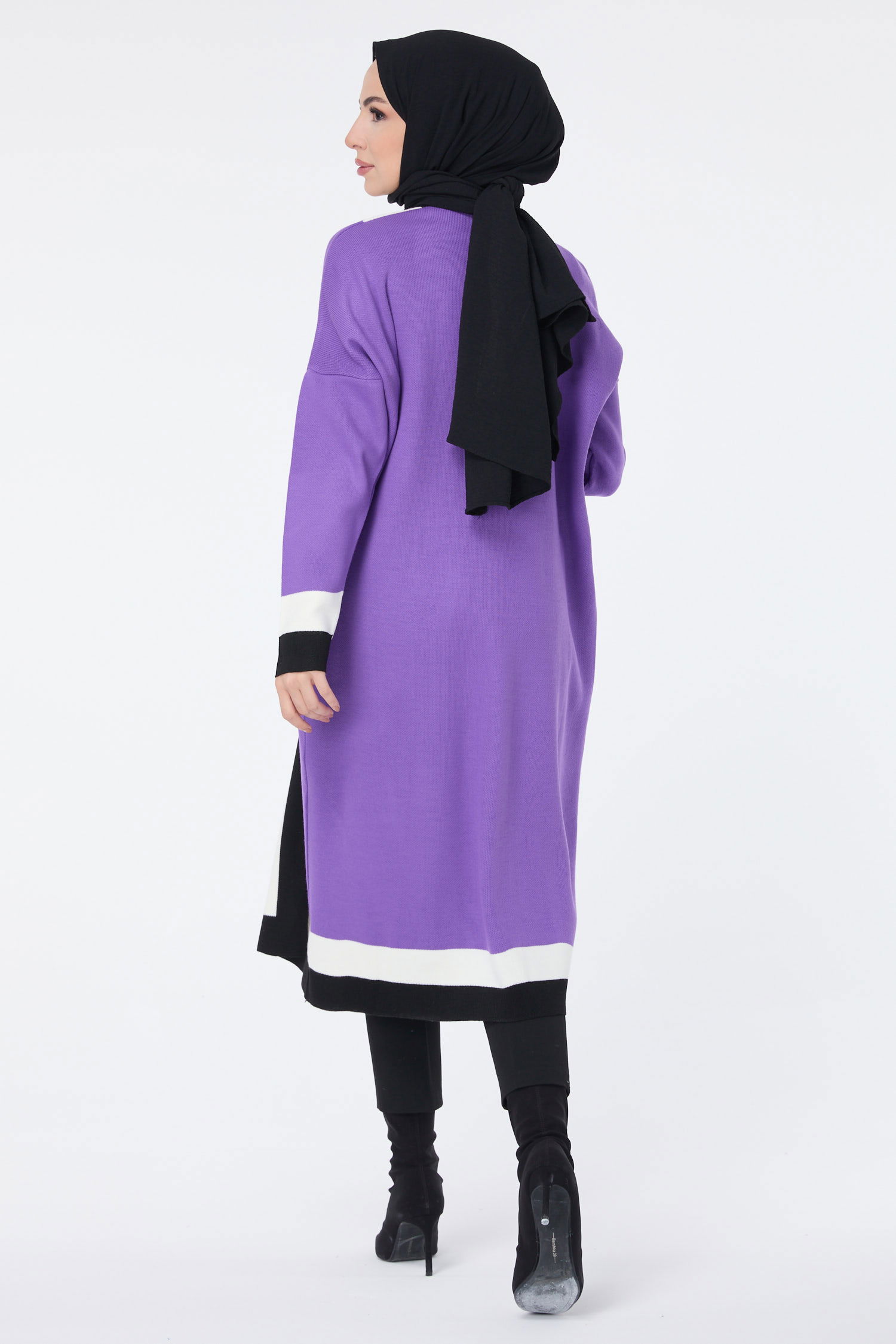 Şerit Detaylı Triko Uzun Hırka - 27625 - 4