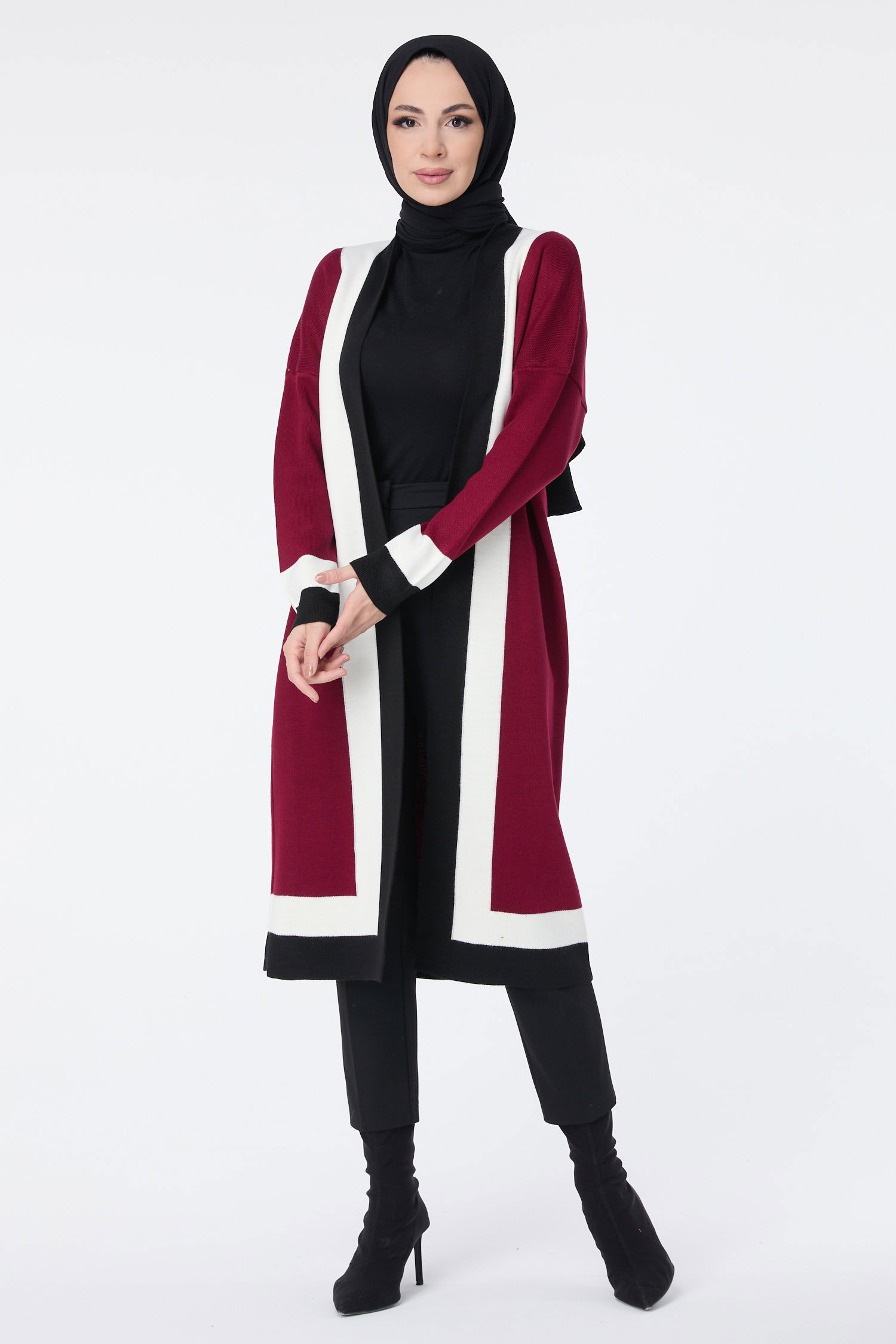Şerit Detaylı Triko Uzun Hırka - 27625 - 2