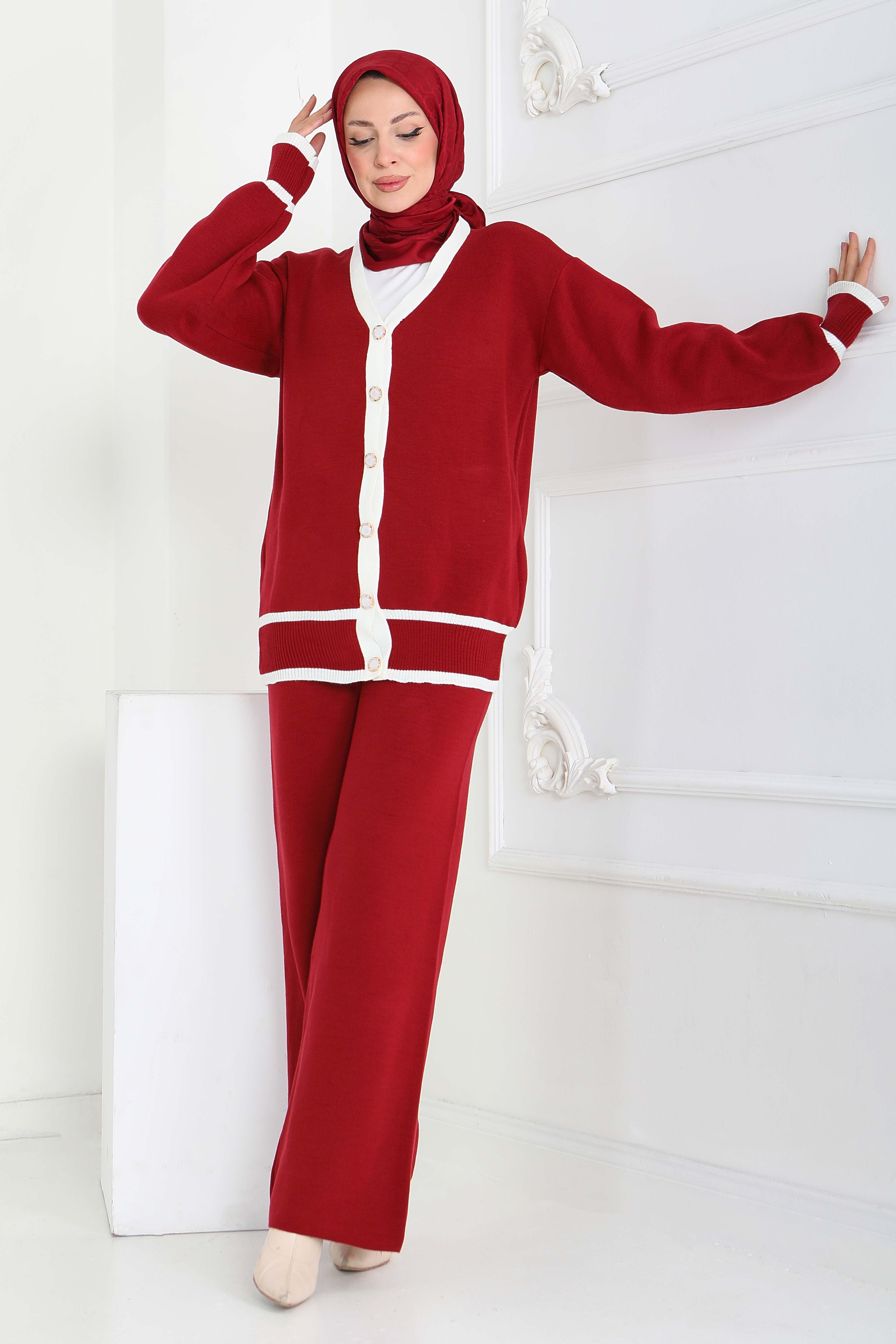 Şeritli Düğmeli Triko Takım - 27904-BORDO - 1