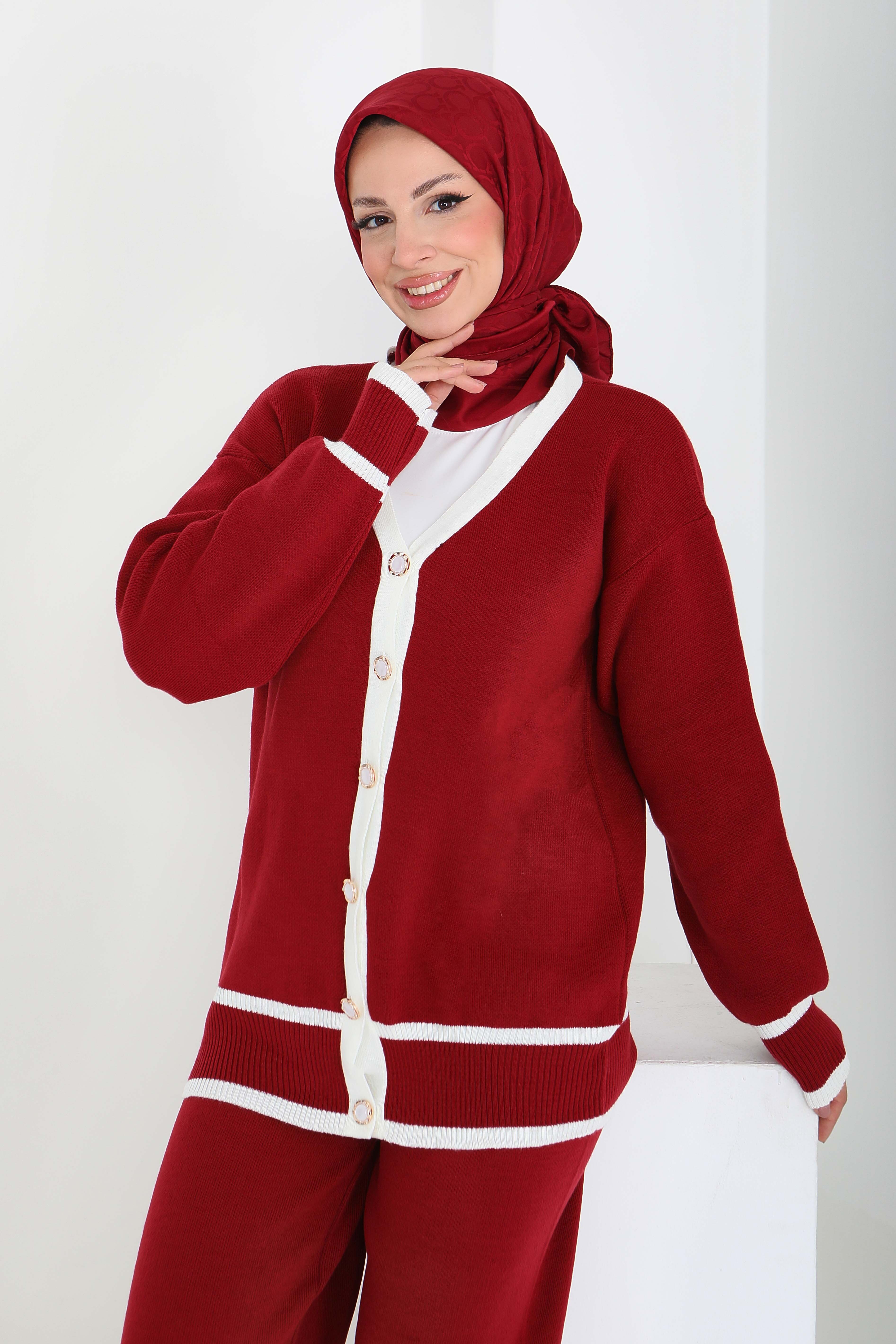 Şeritli Düğmeli Triko Takım - 27904-BORDO - 2