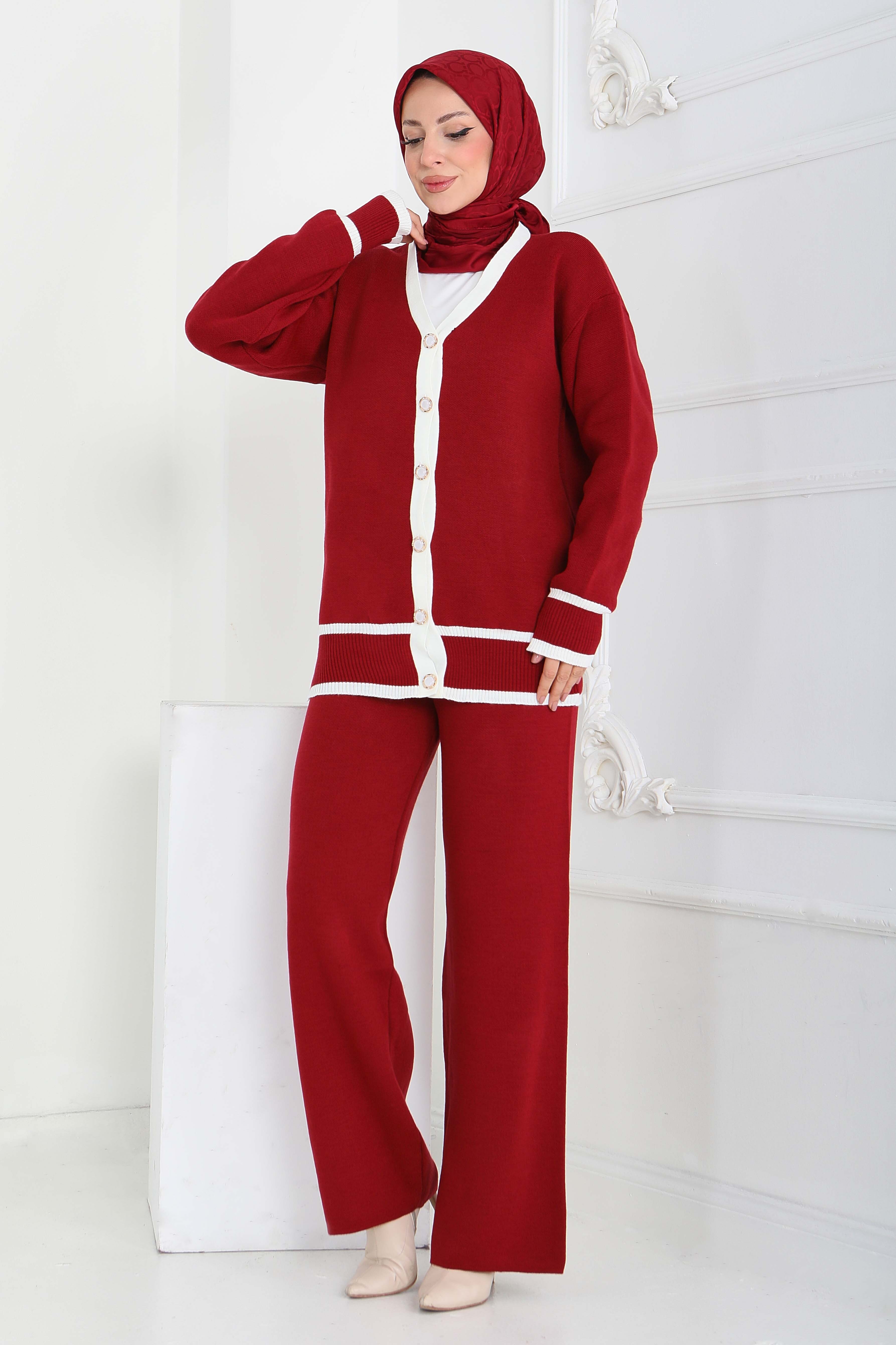 Şeritli Düğmeli Triko Takım - 27904-BORDO - 3