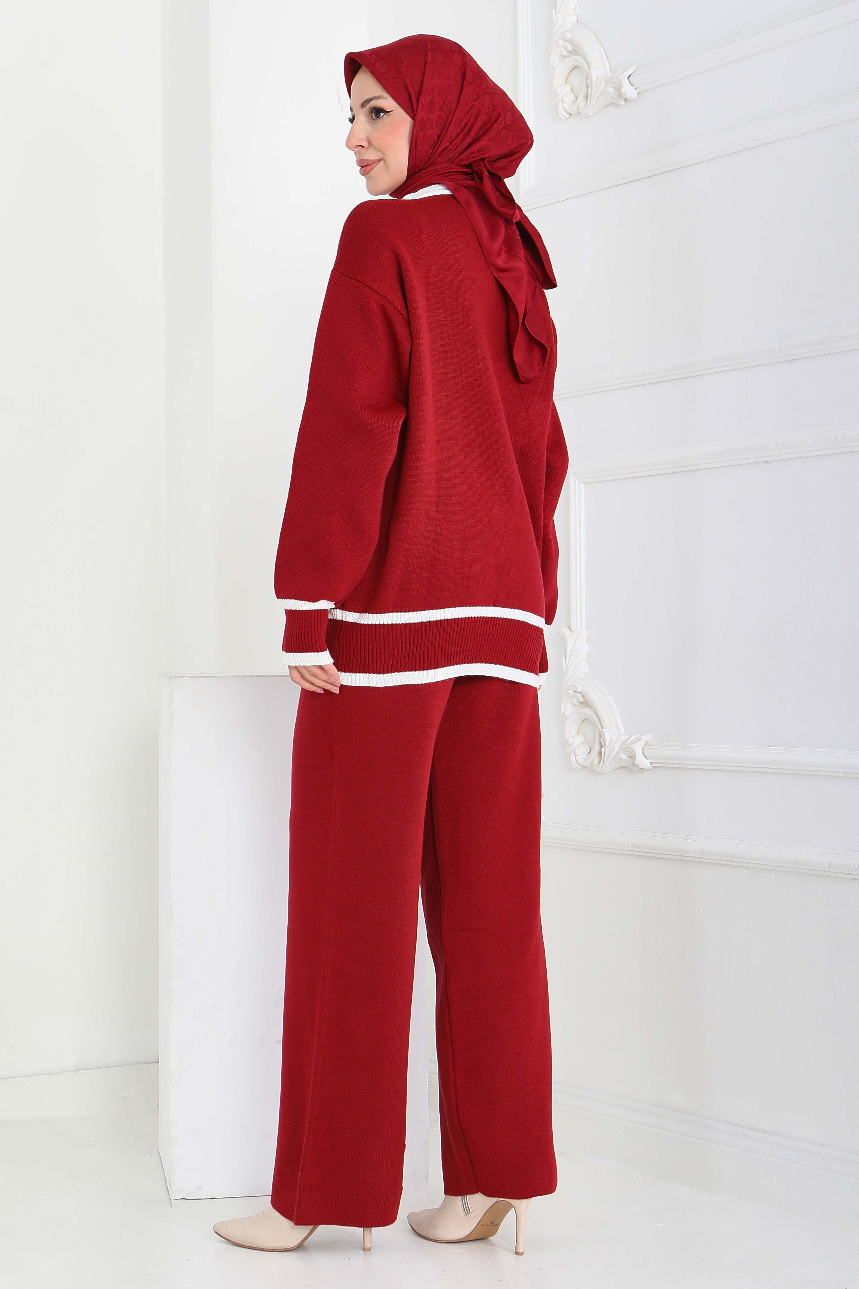 Şeritli Düğmeli Triko Takım - 27904-BORDO - 4