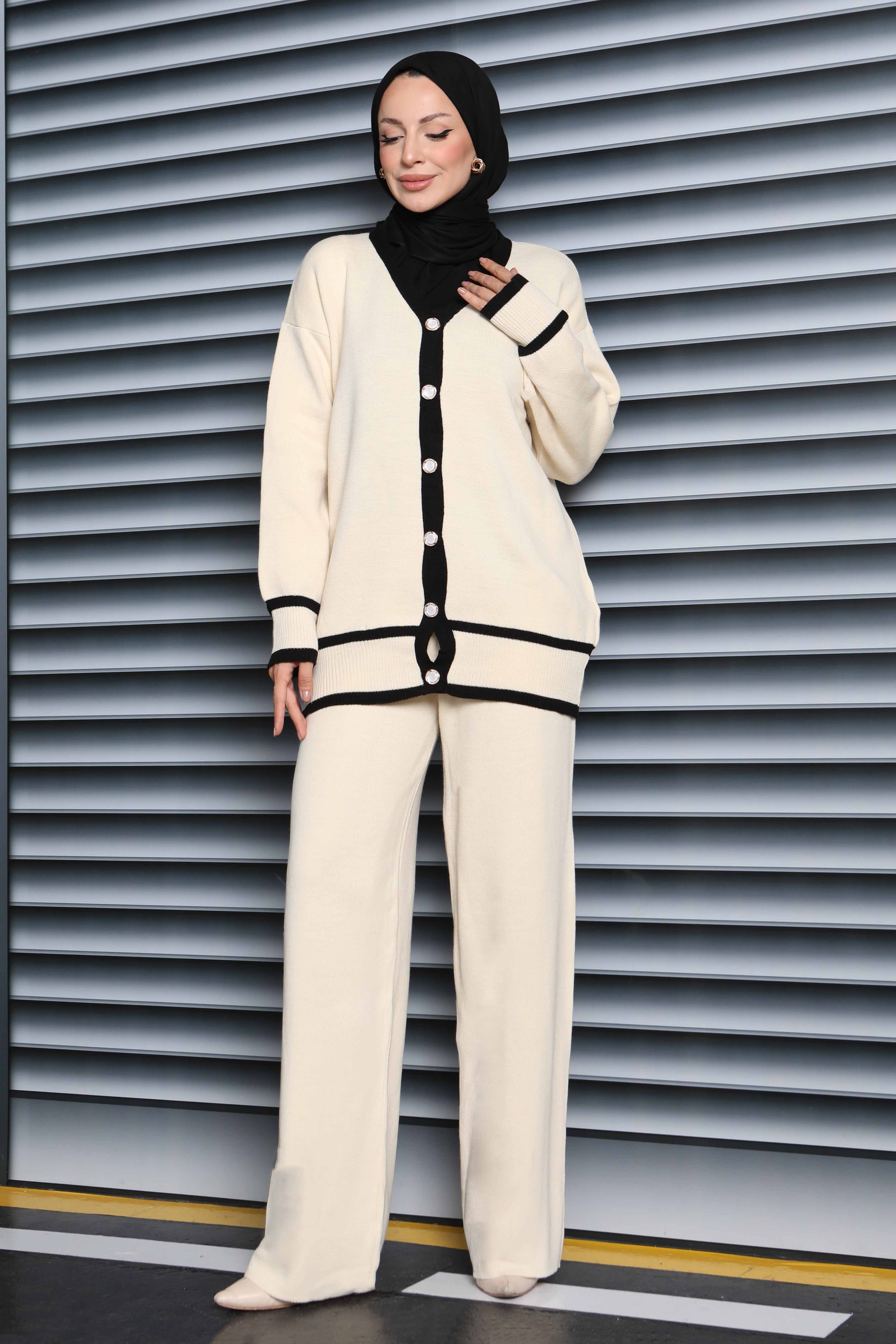 Şeritli Düğmeli Triko Takım - 27904-KREM - 3