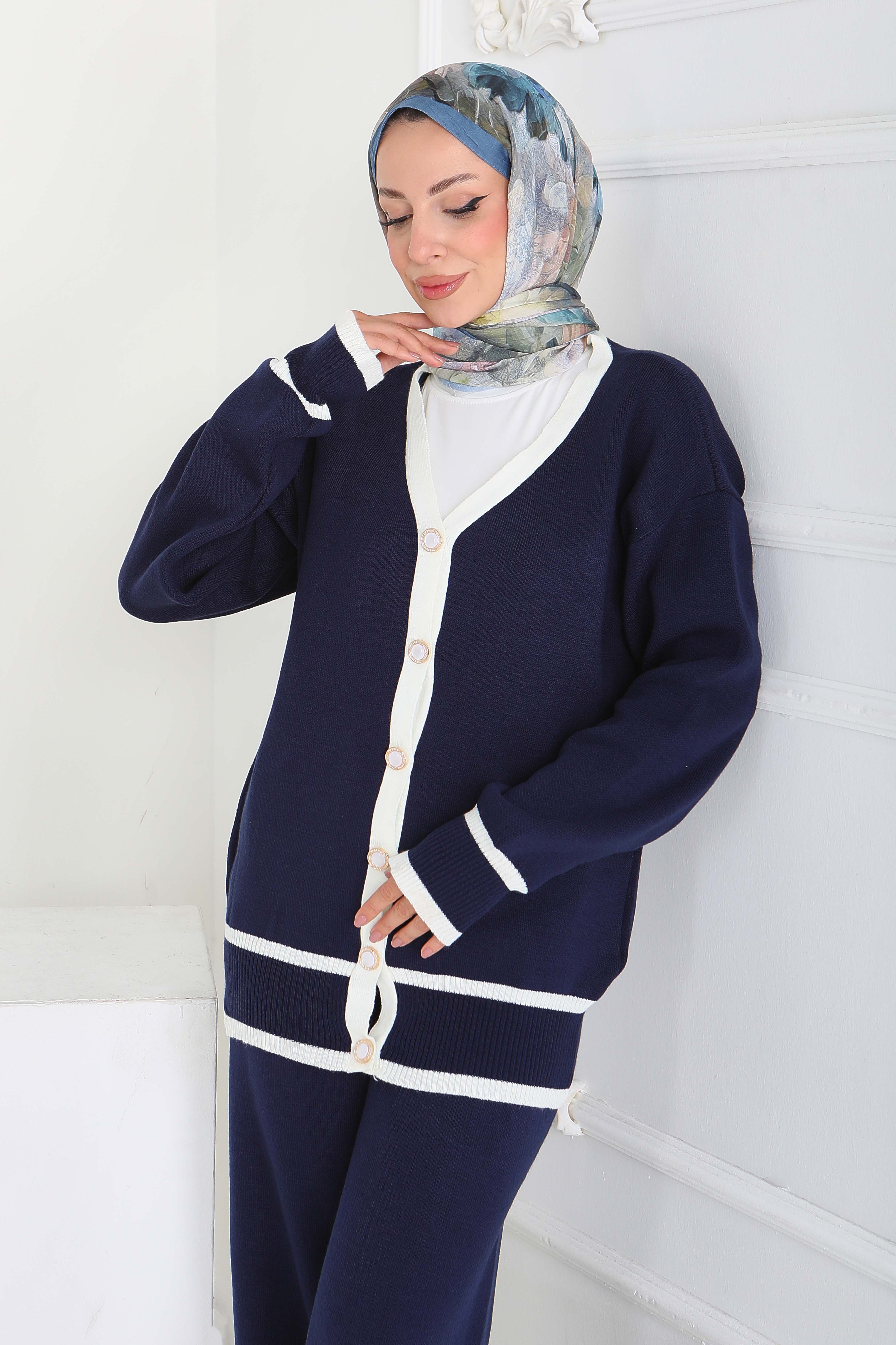 Şeritli Düğmeli Triko Takım - 27904-LACIVERT - 2