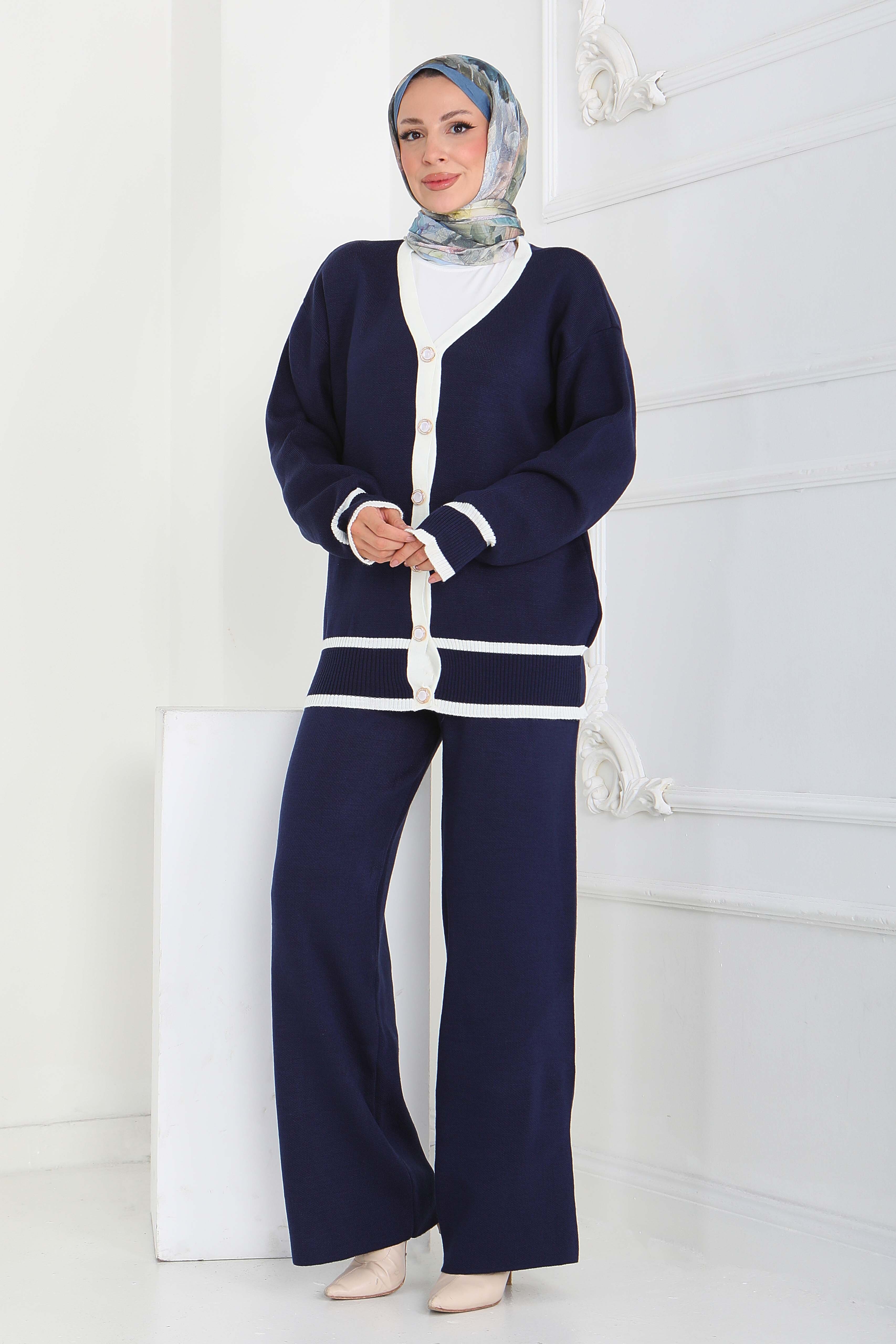 Şeritli Düğmeli Triko Takım - 27904-LACIVERT - 3