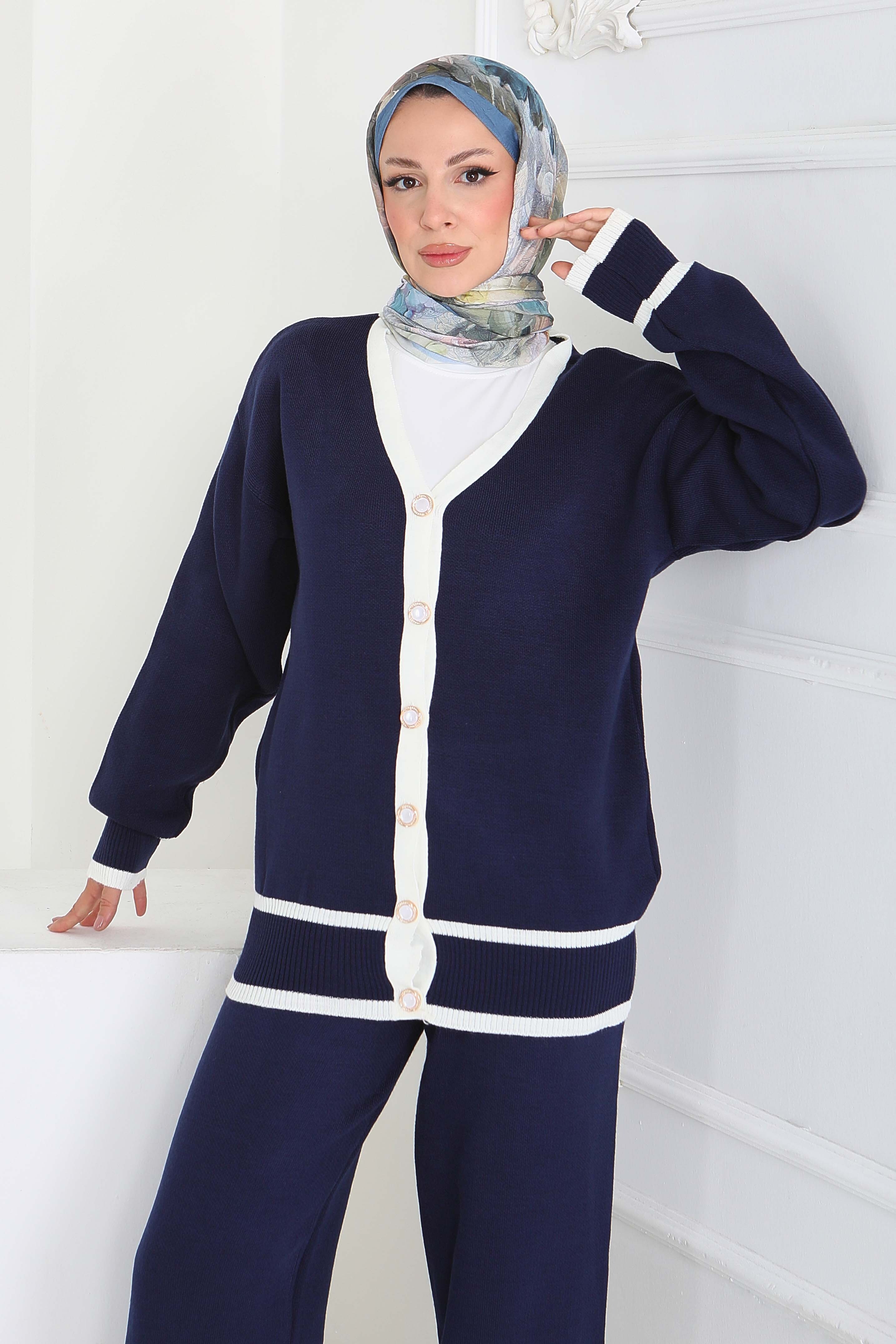 Şeritli Düğmeli Triko Takım - 27904-LACIVERT - 4
