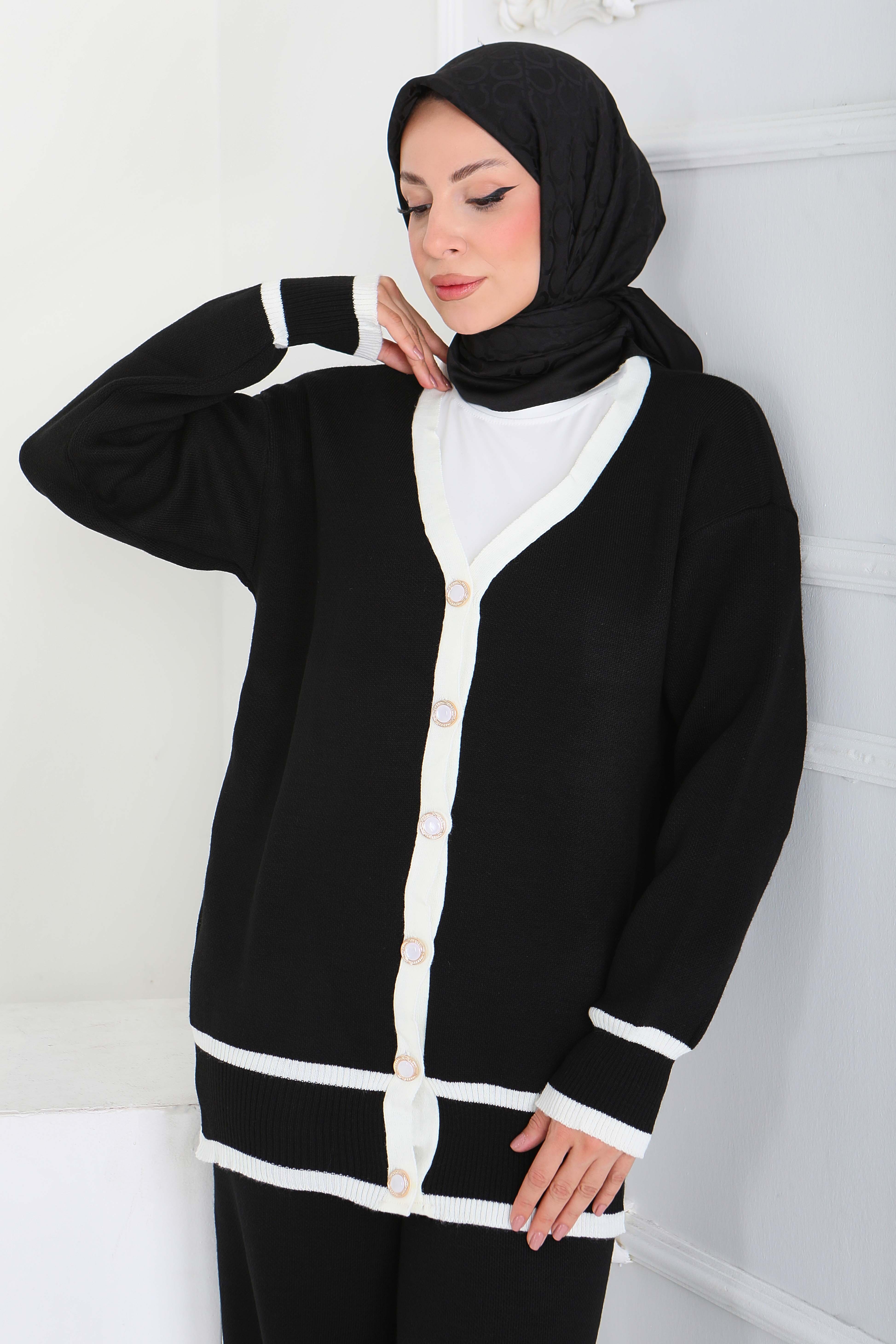 Şeritli Düğmeli Triko Takım - 27904-SIYAH - 4