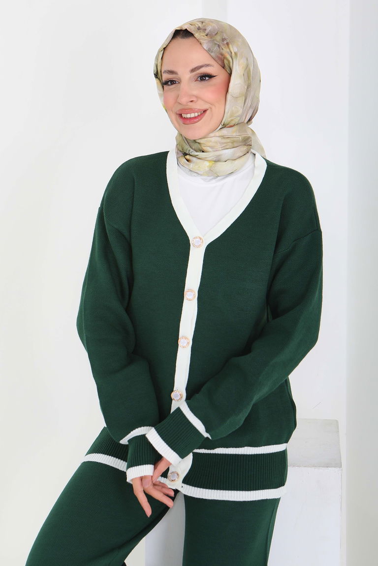 Şeritli Düğmeli Triko Takım - 27904-ZUMRUT - TOFİSA