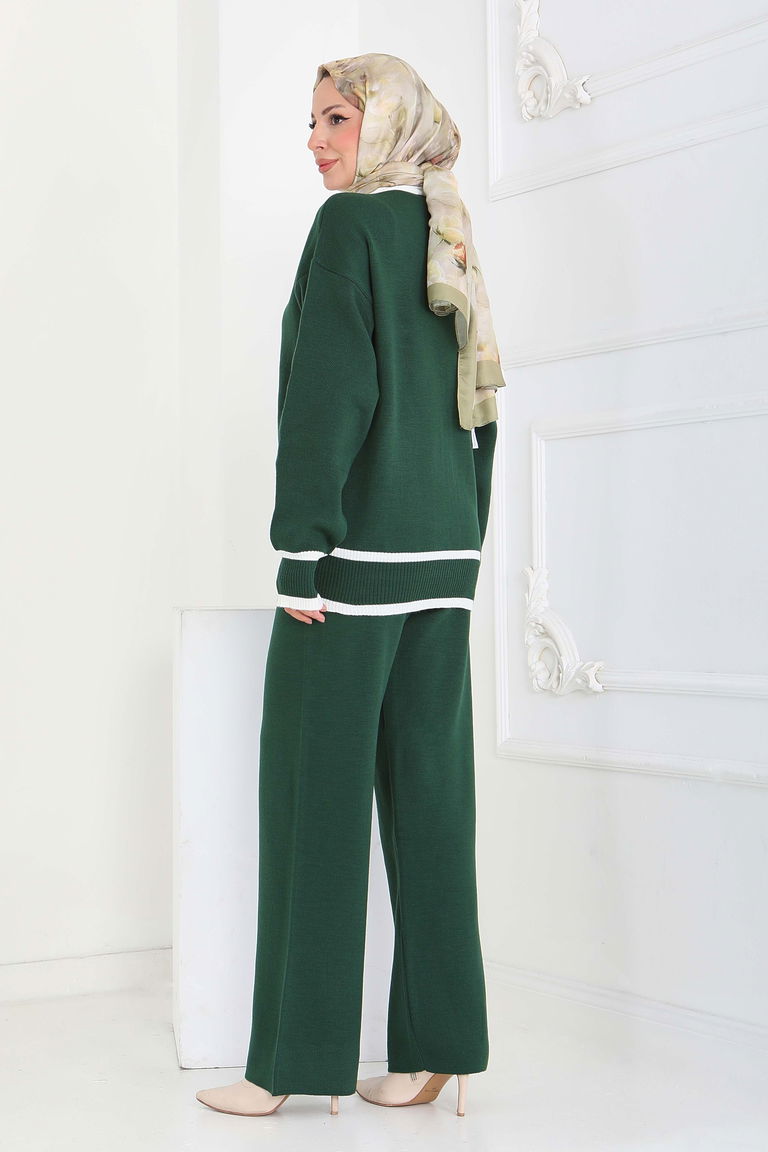 Şeritli Düğmeli Triko Takım - 27904-ZUMRUT - TOFİSA