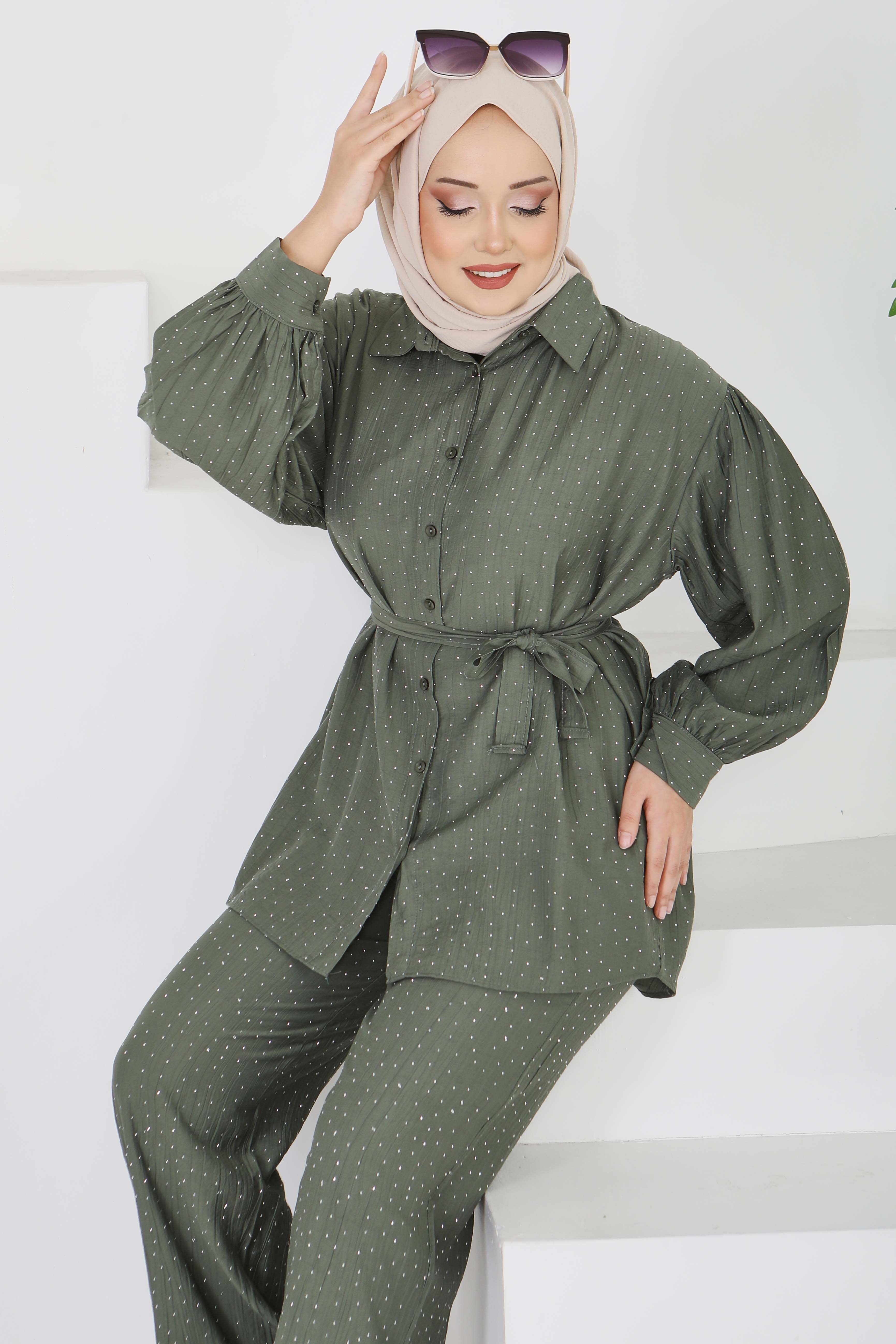 Serpme Taş Detaylı İkili Takım - 28219-HAKI - 1