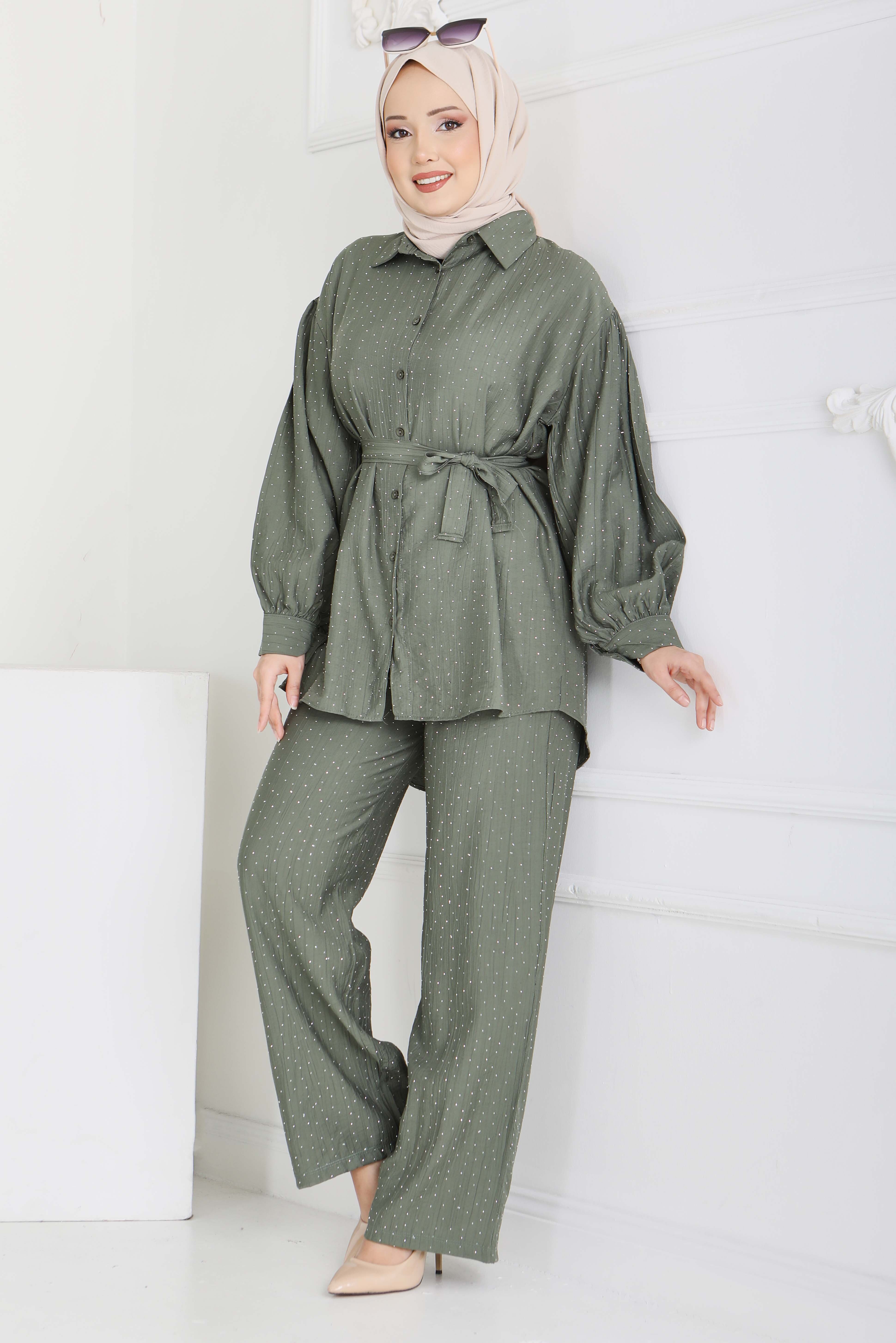 Serpme Taş Detaylı İkili Takım - 28219-HAKI - 2