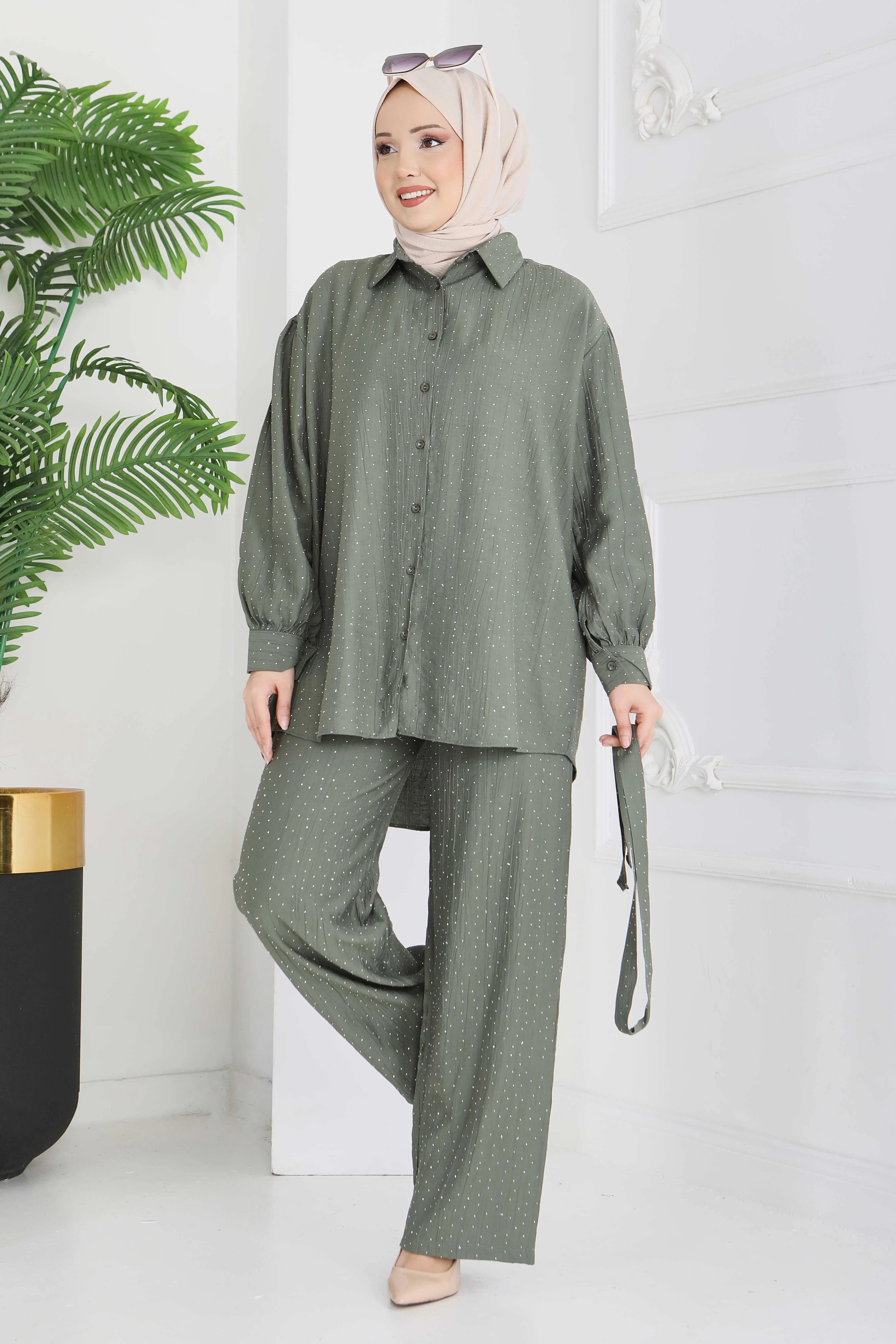 Serpme Taş Detaylı İkili Takım - 28219-HAKI - 3