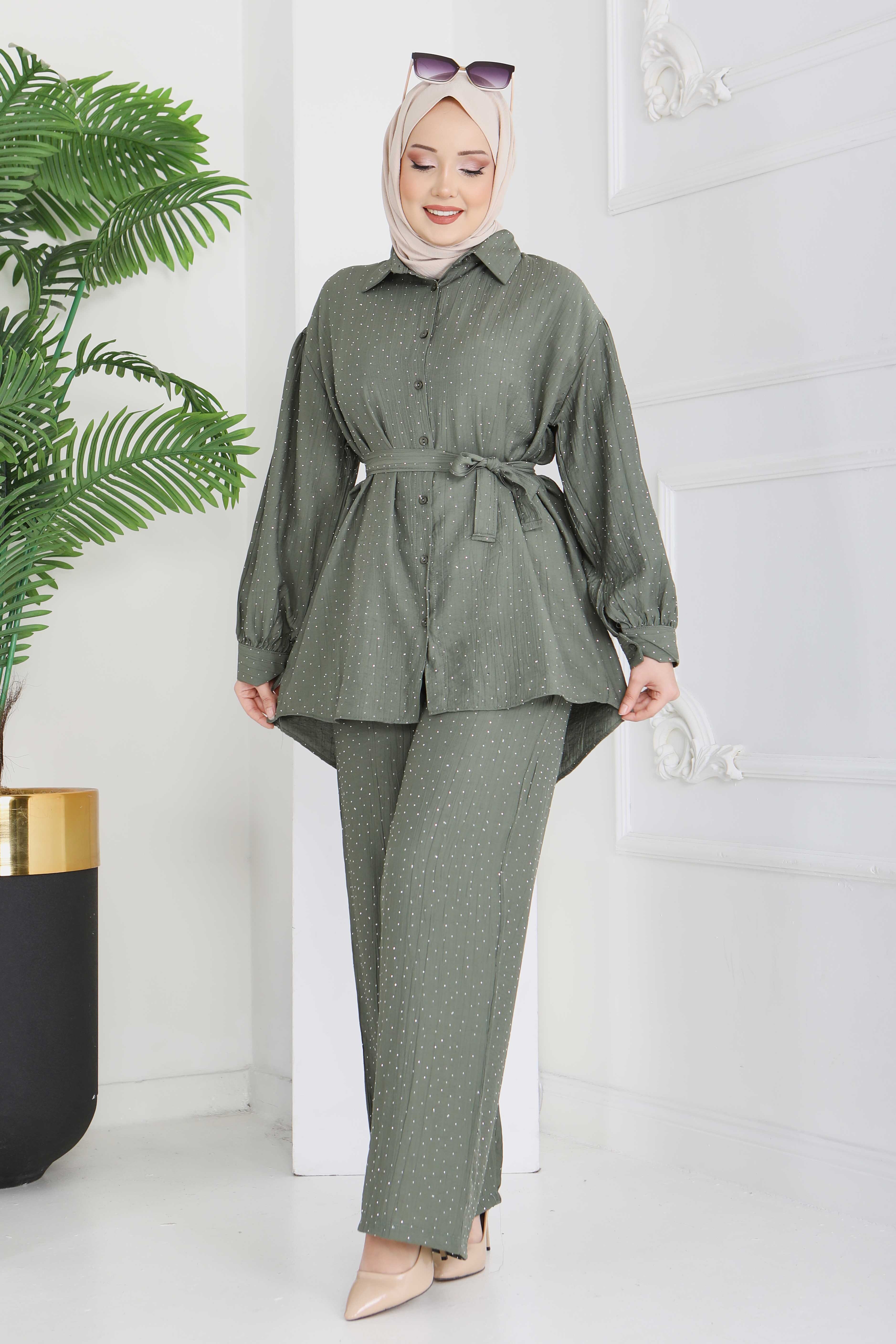 Serpme Taş Detaylı İkili Takım - 28219-HAKI - 4