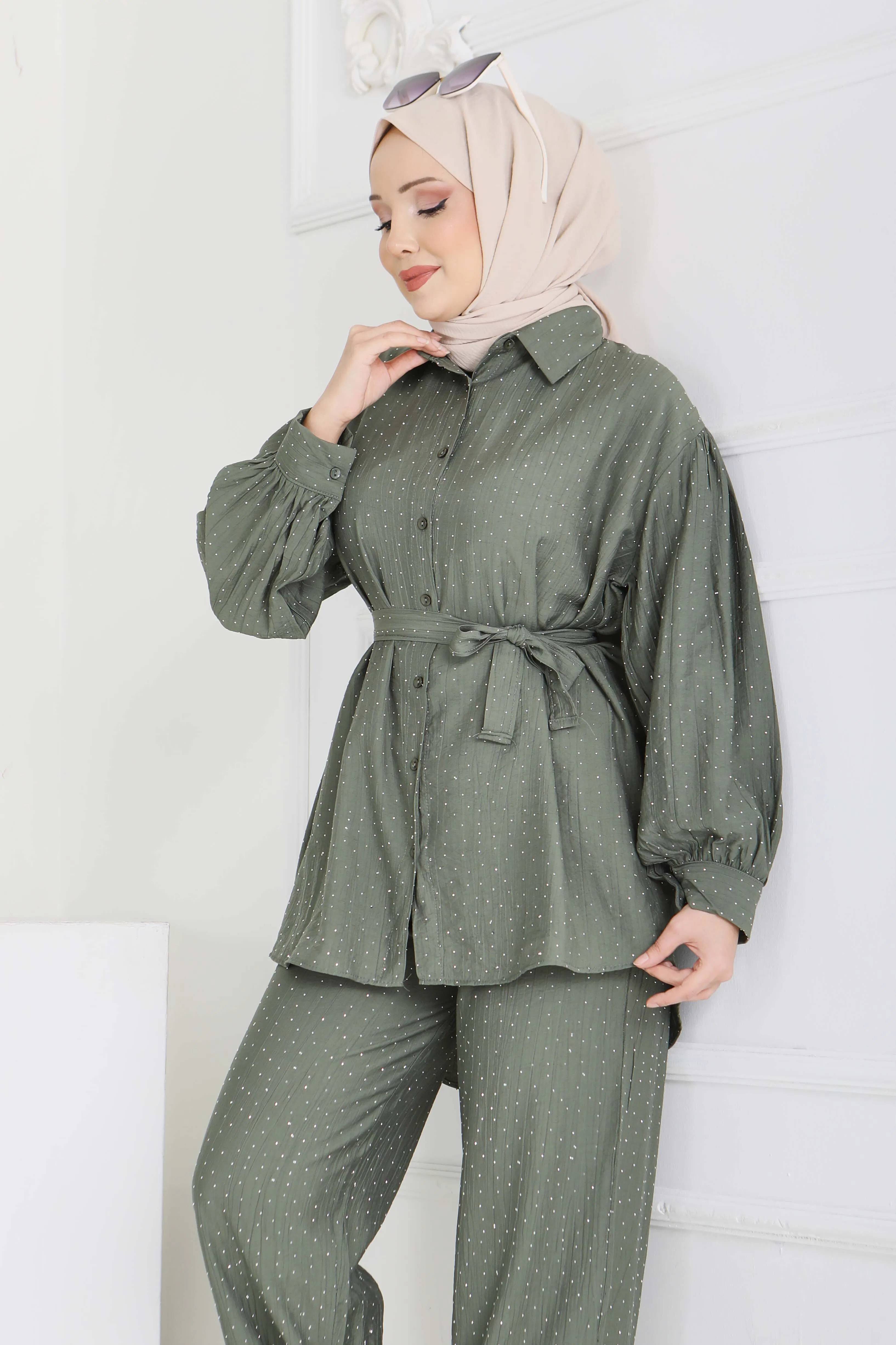 Serpme Taş Detaylı İkili Takım - 28219-HAKI - 5