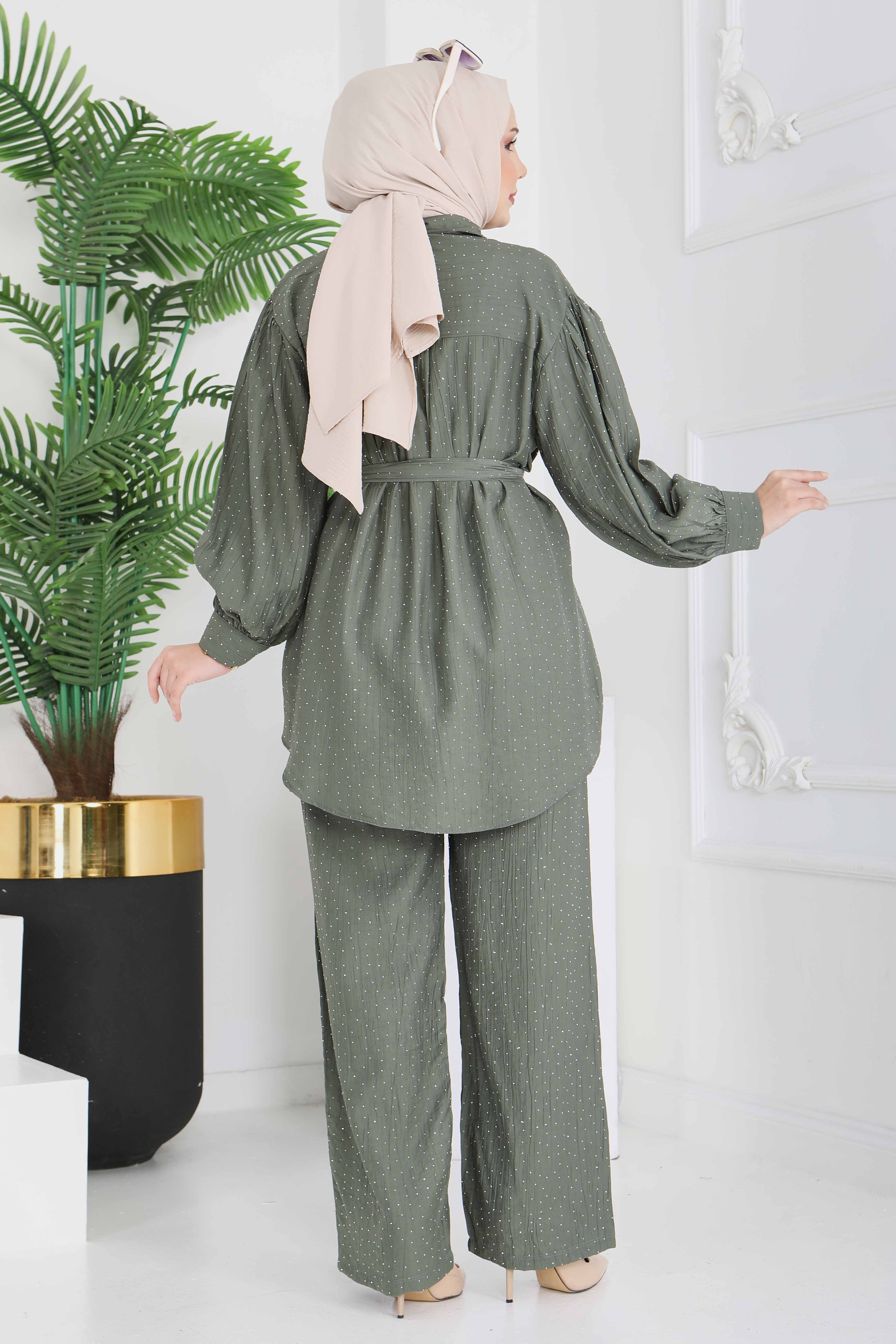 Serpme Taş Detaylı İkili Takım - 28219-HAKI - 6