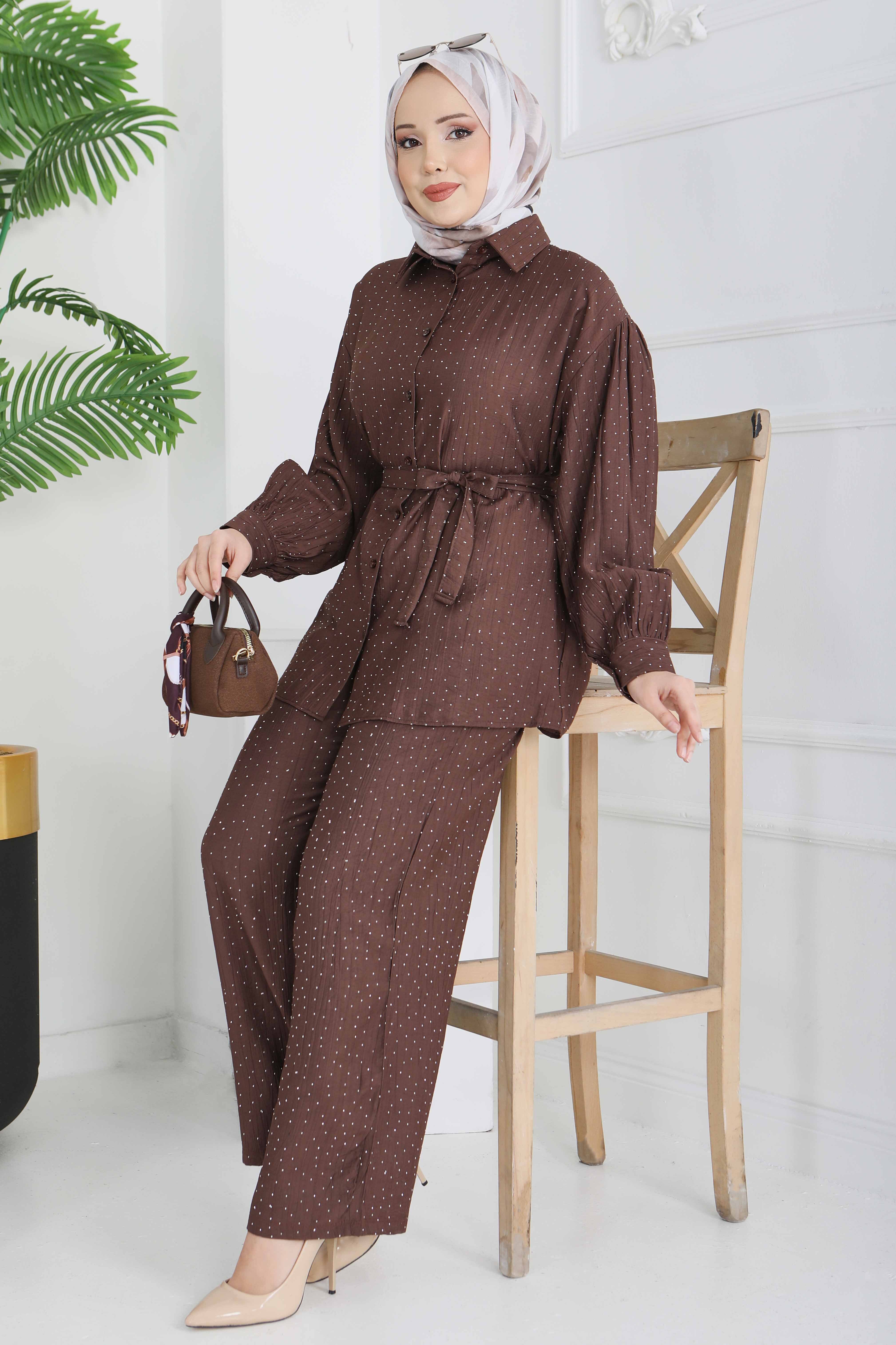 Serpme Taş Detaylı İkili Takım - 28219-KAHVE - 1