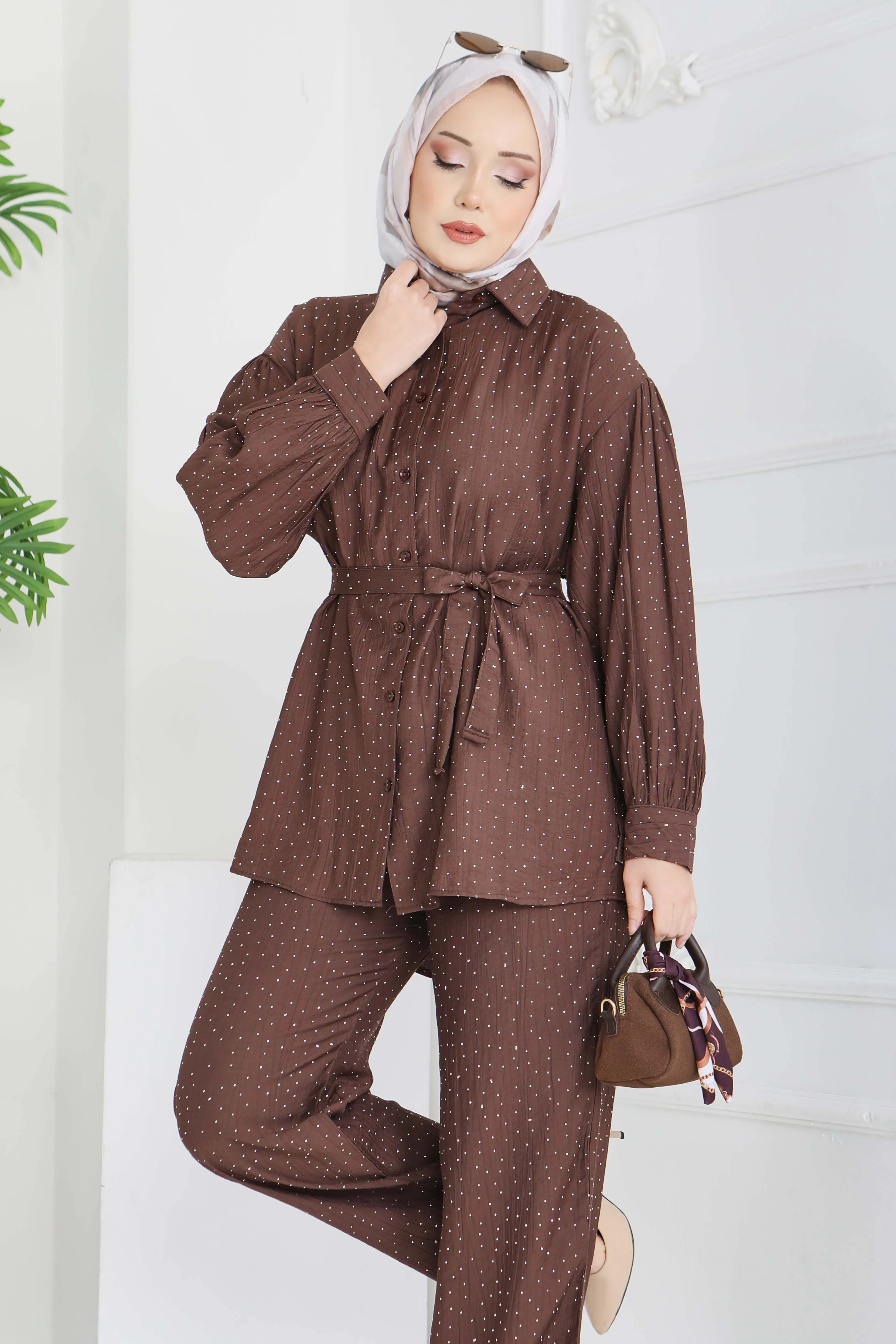 Serpme Taş Detaylı İkili Takım - 28219-KAHVE - 3