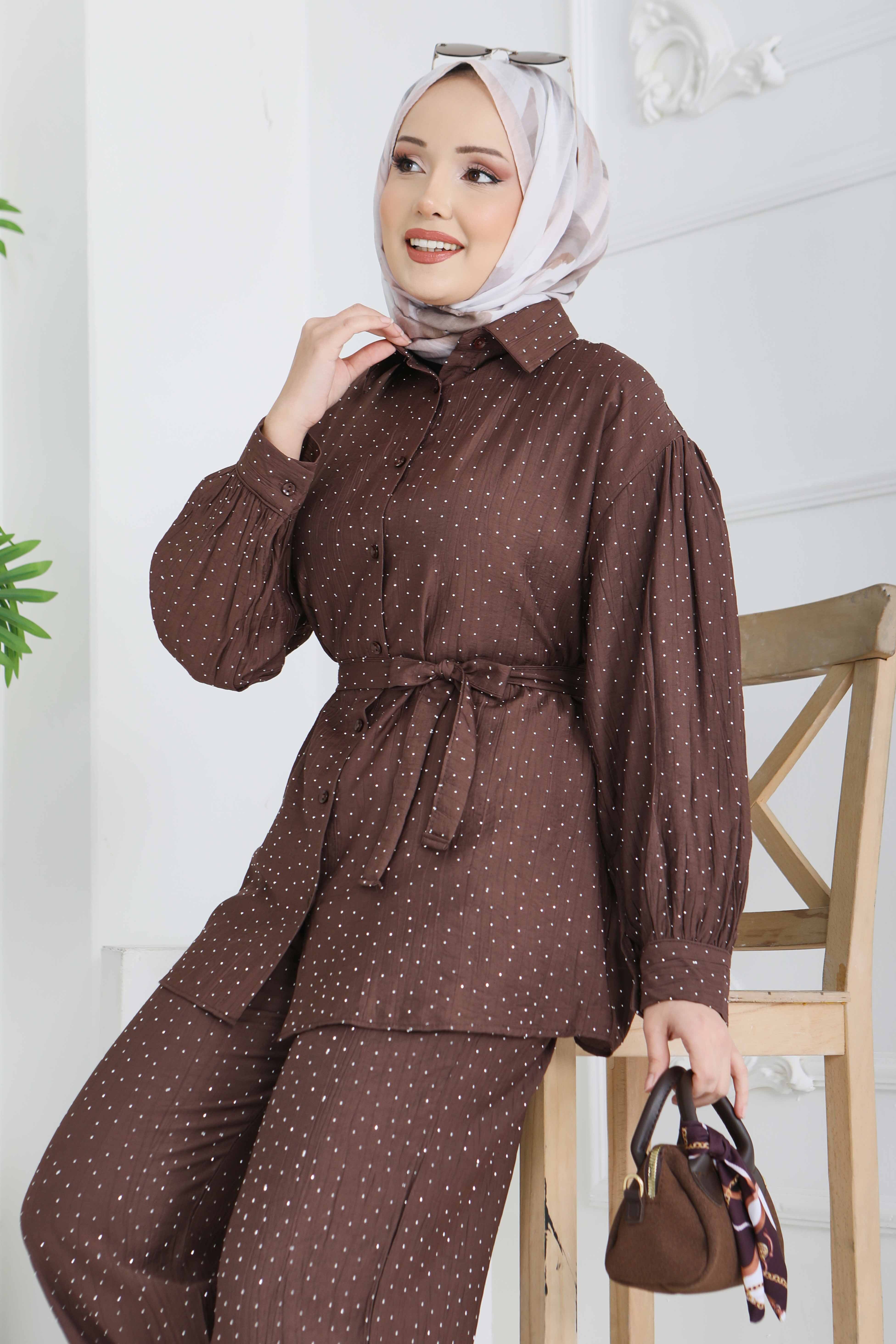 Serpme Taş Detaylı İkili Takım - 28219-KAHVE - 4