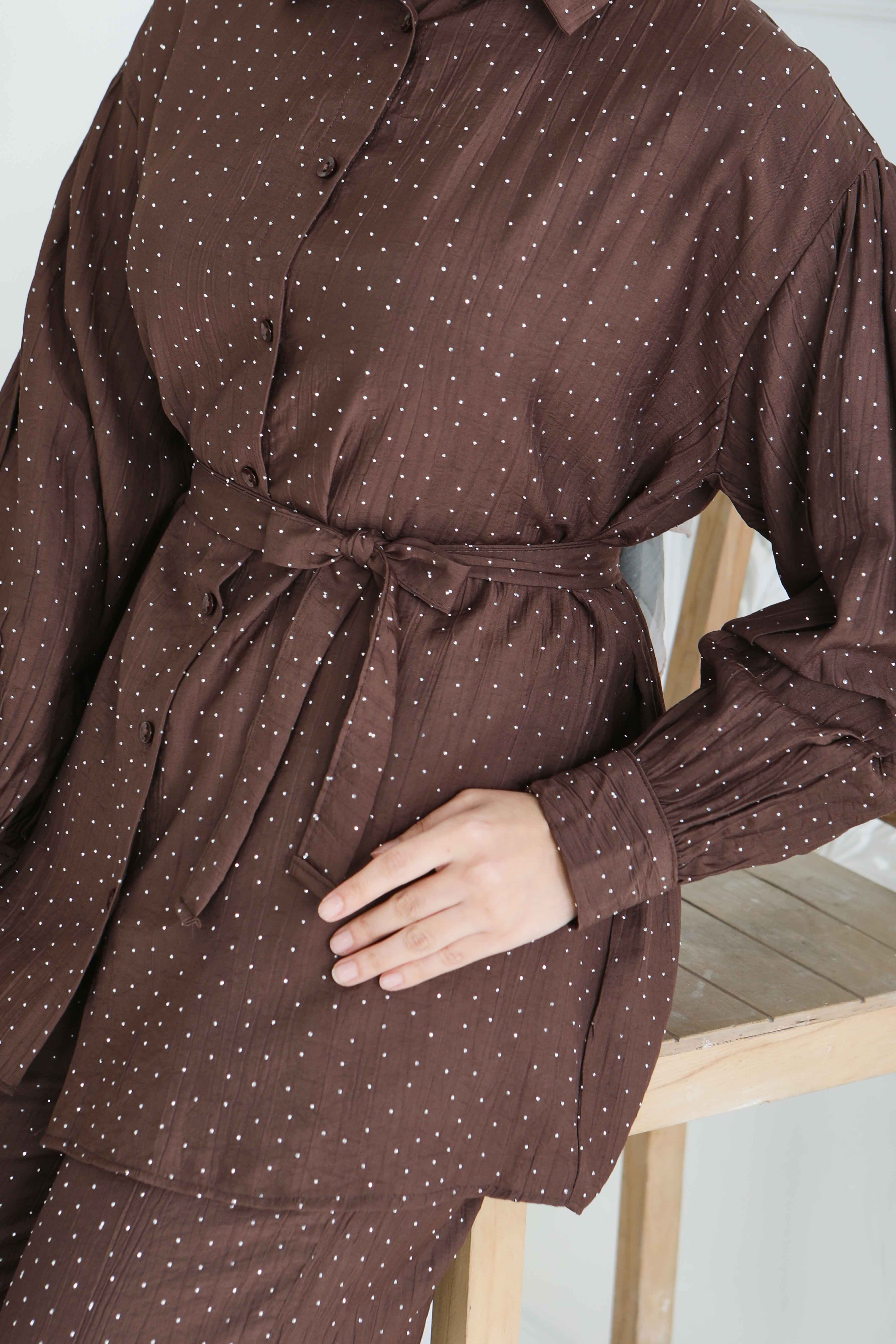 Serpme Taş Detaylı İkili Takım - 28219-KAHVE - 5