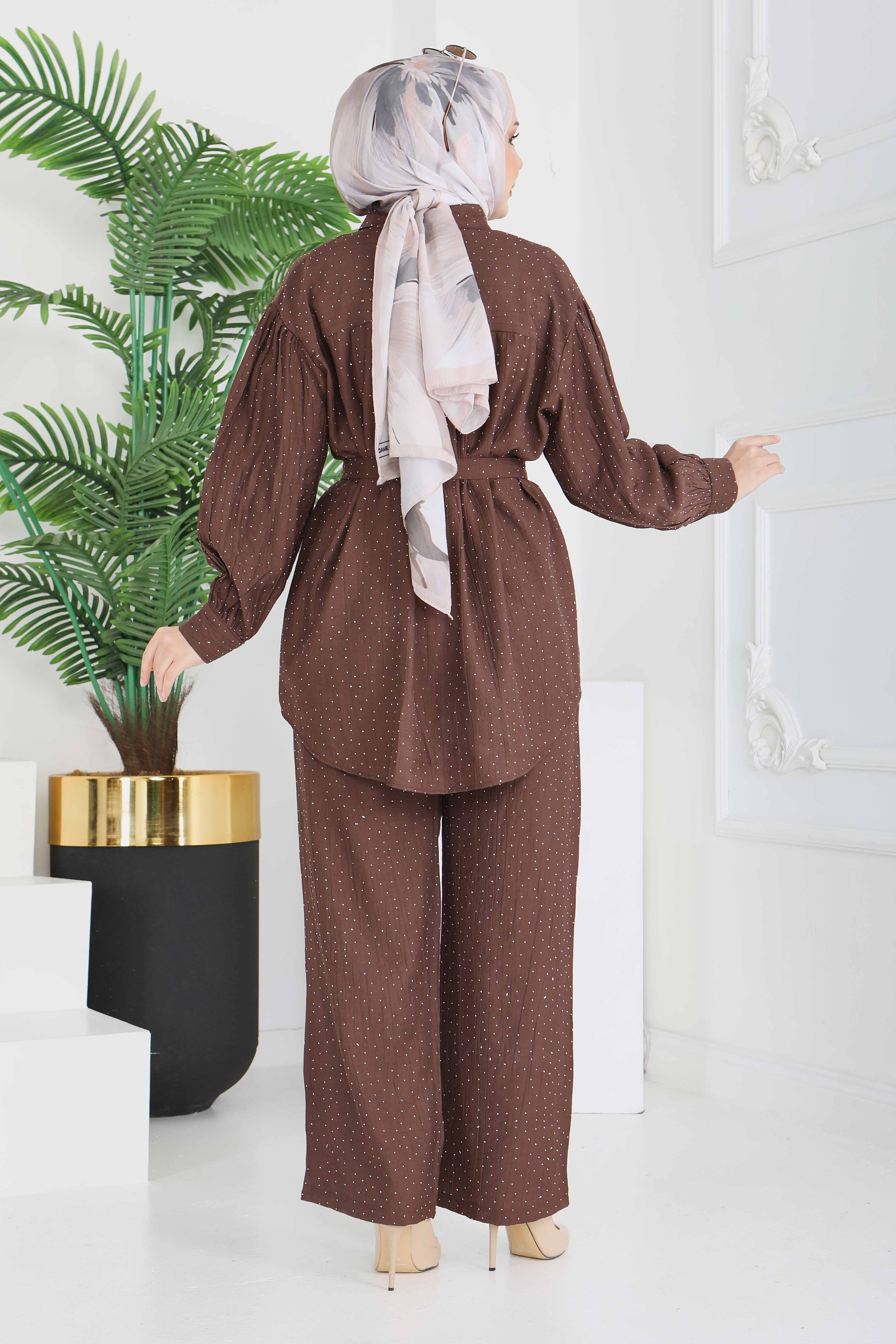 Serpme Taş Detaylı İkili Takım - 28219-KAHVE - 6